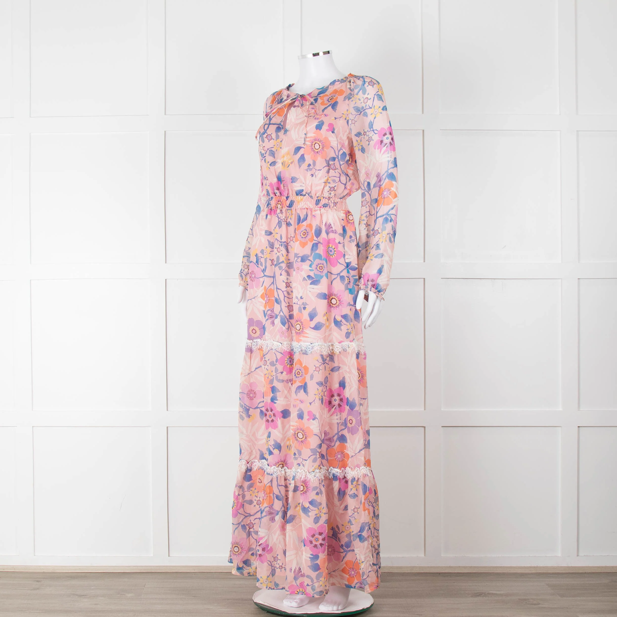 Ridley Pale Pink Blue Silk Floral Tiered Maxi Dress - Image 8
