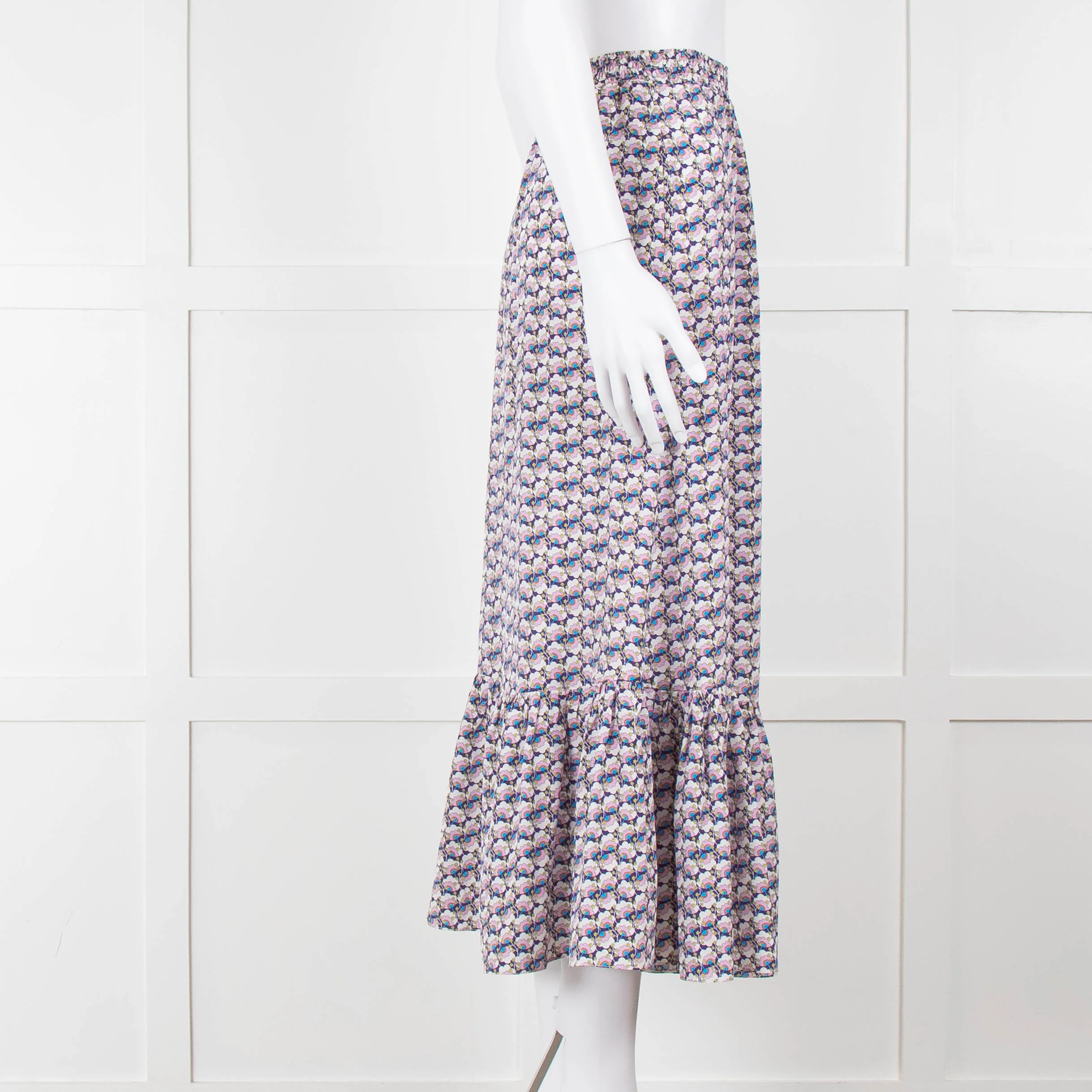 Ridley Purple White Floral Silk Elasticated Waist Maxi Skirt - Image 3