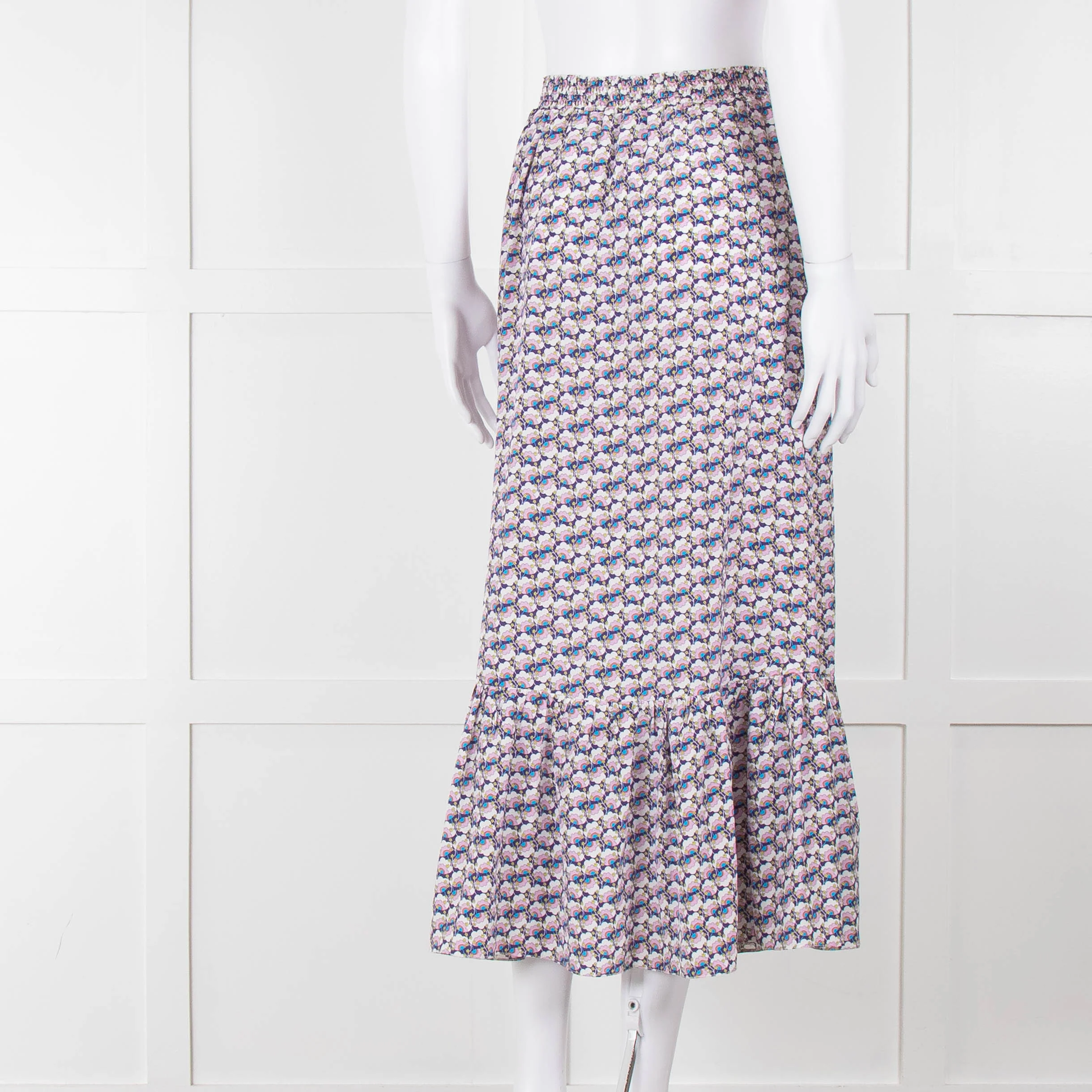 Ridley Purple White Floral Silk Elasticated Waist Maxi Skirt - Image 4