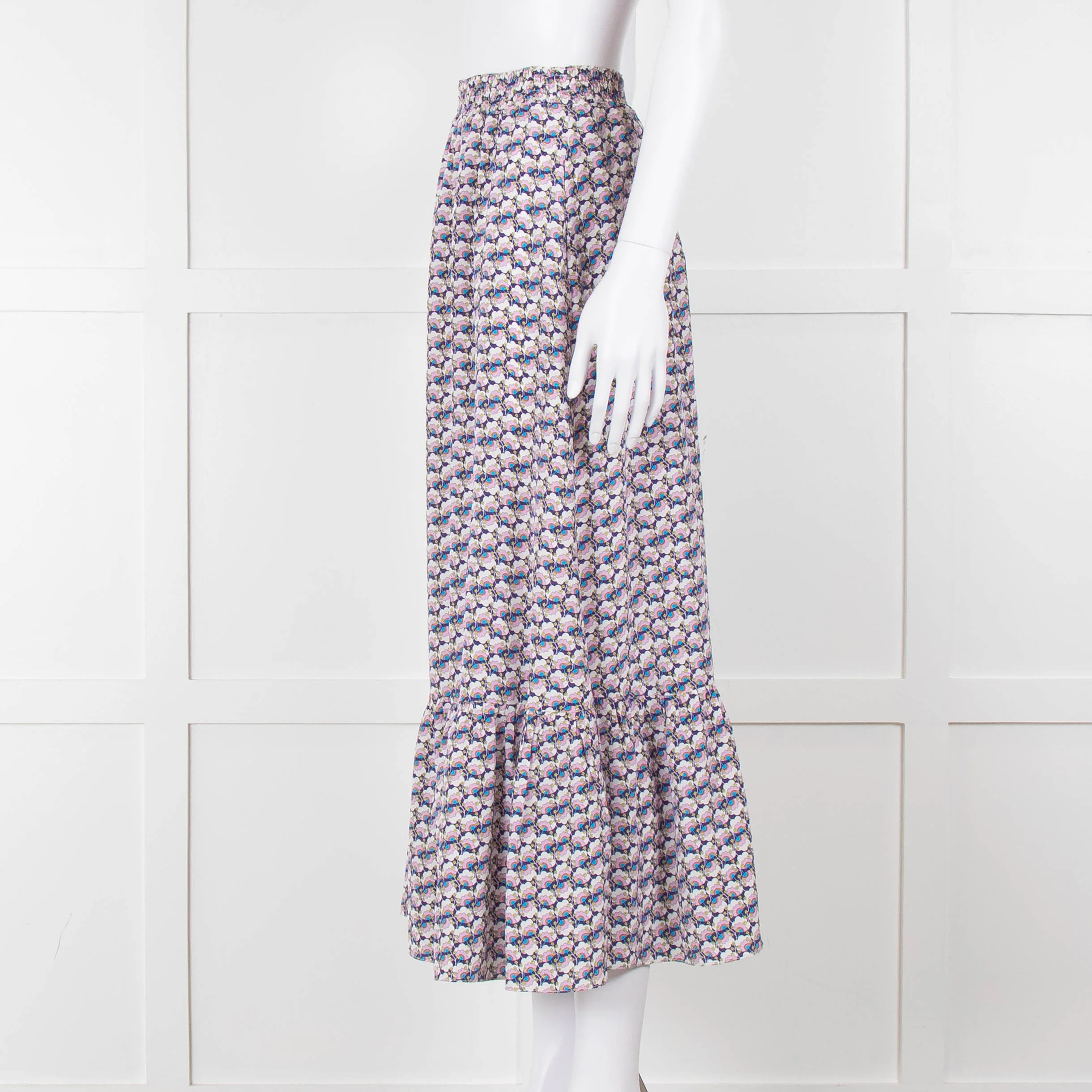 Ridley Purple White Floral Silk Elasticated Waist Maxi Skirt - Image 7