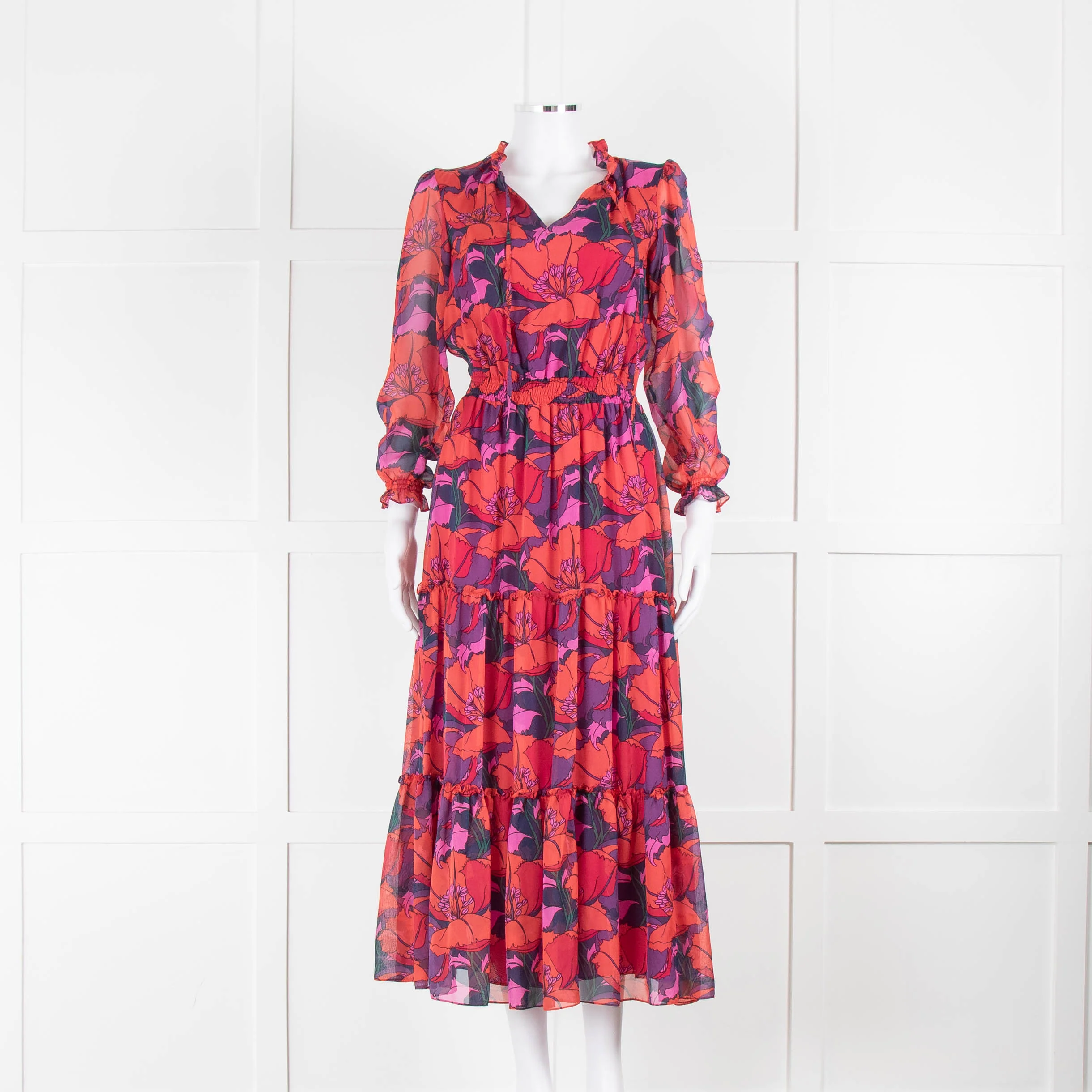 Ridley Red Purple Orange Poppy Print Silk Maxi Dress
