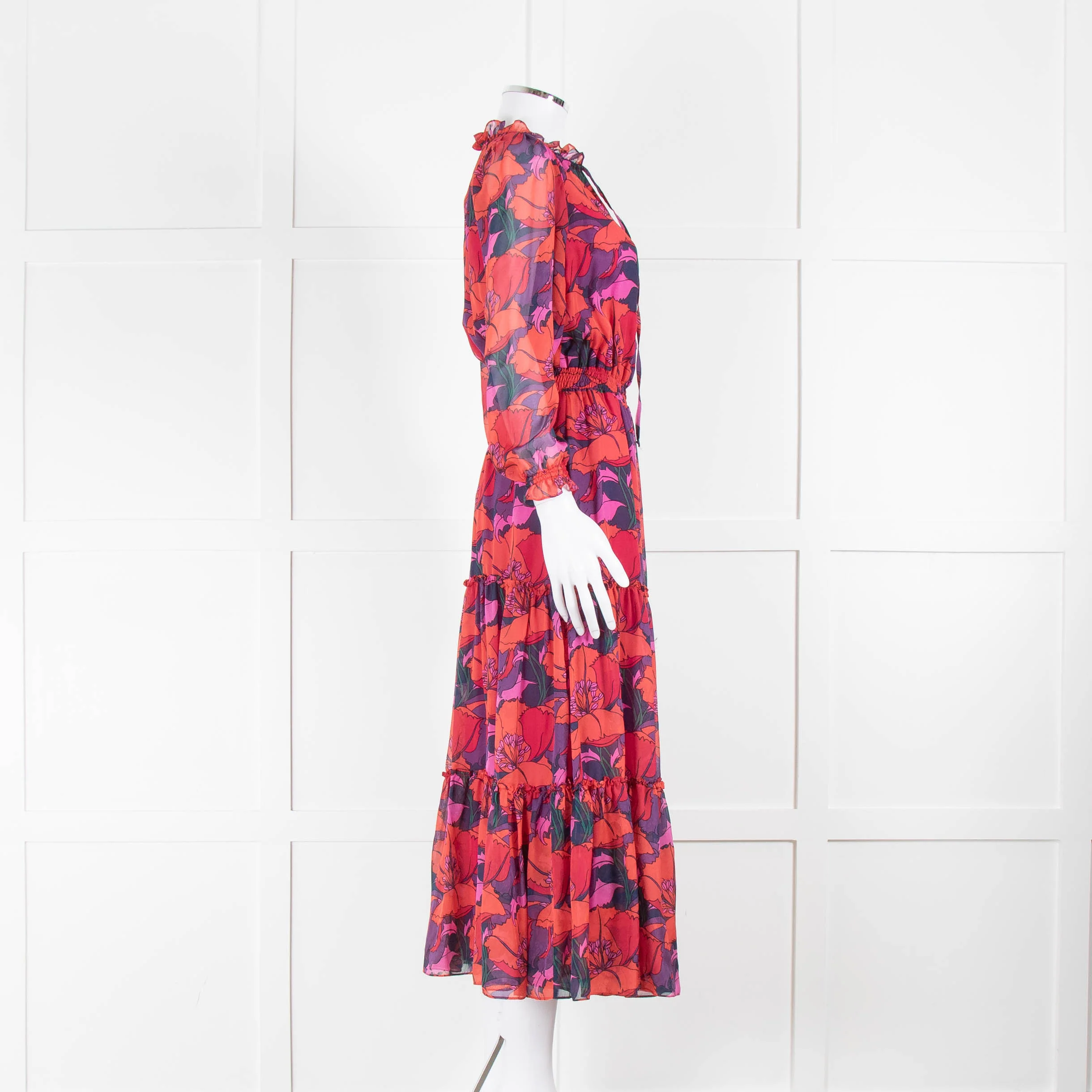 Ridley Red Purple Orange Poppy Print Silk Maxi Dress - Image 2