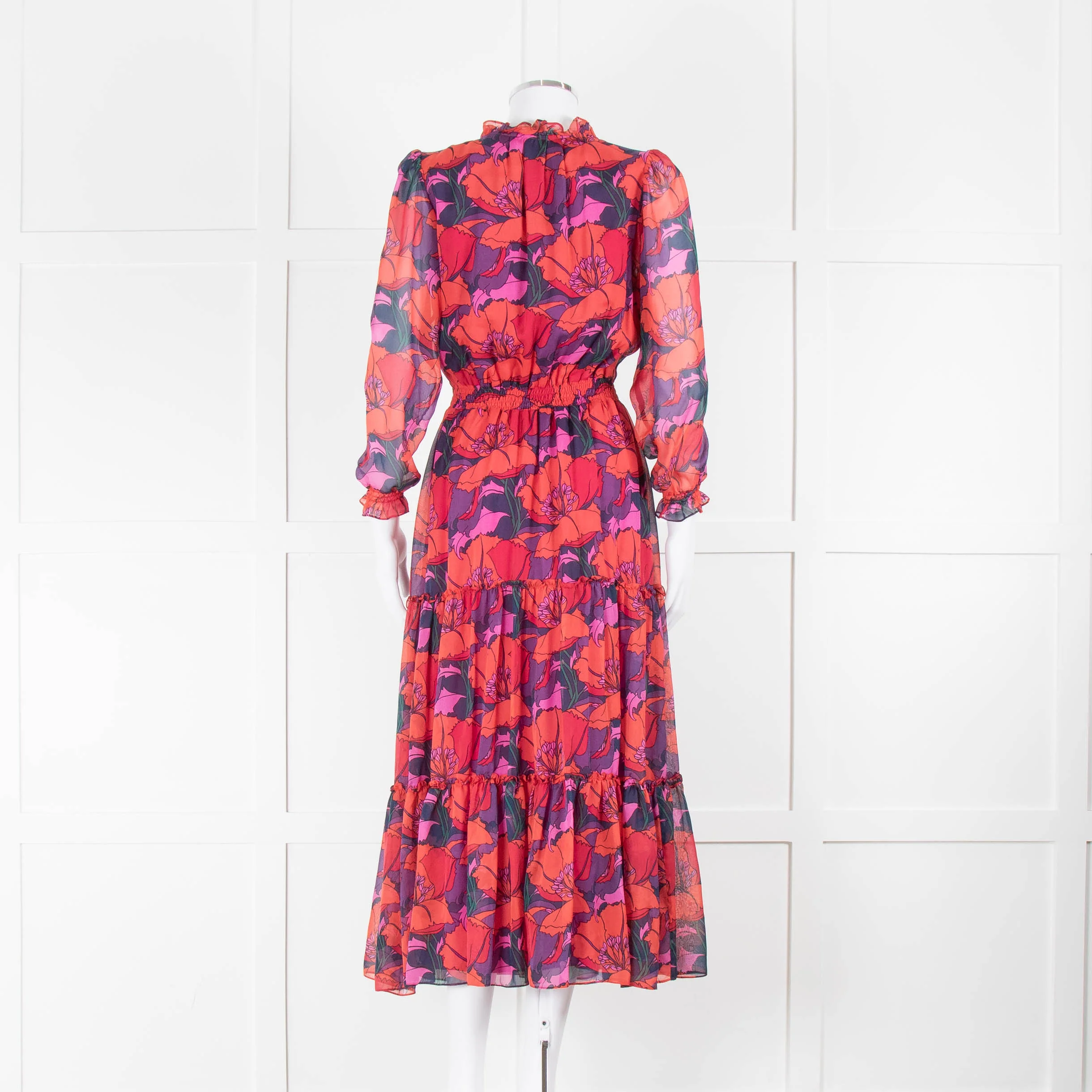 Ridley Red Purple Orange Poppy Print Silk Maxi Dress - Image 3