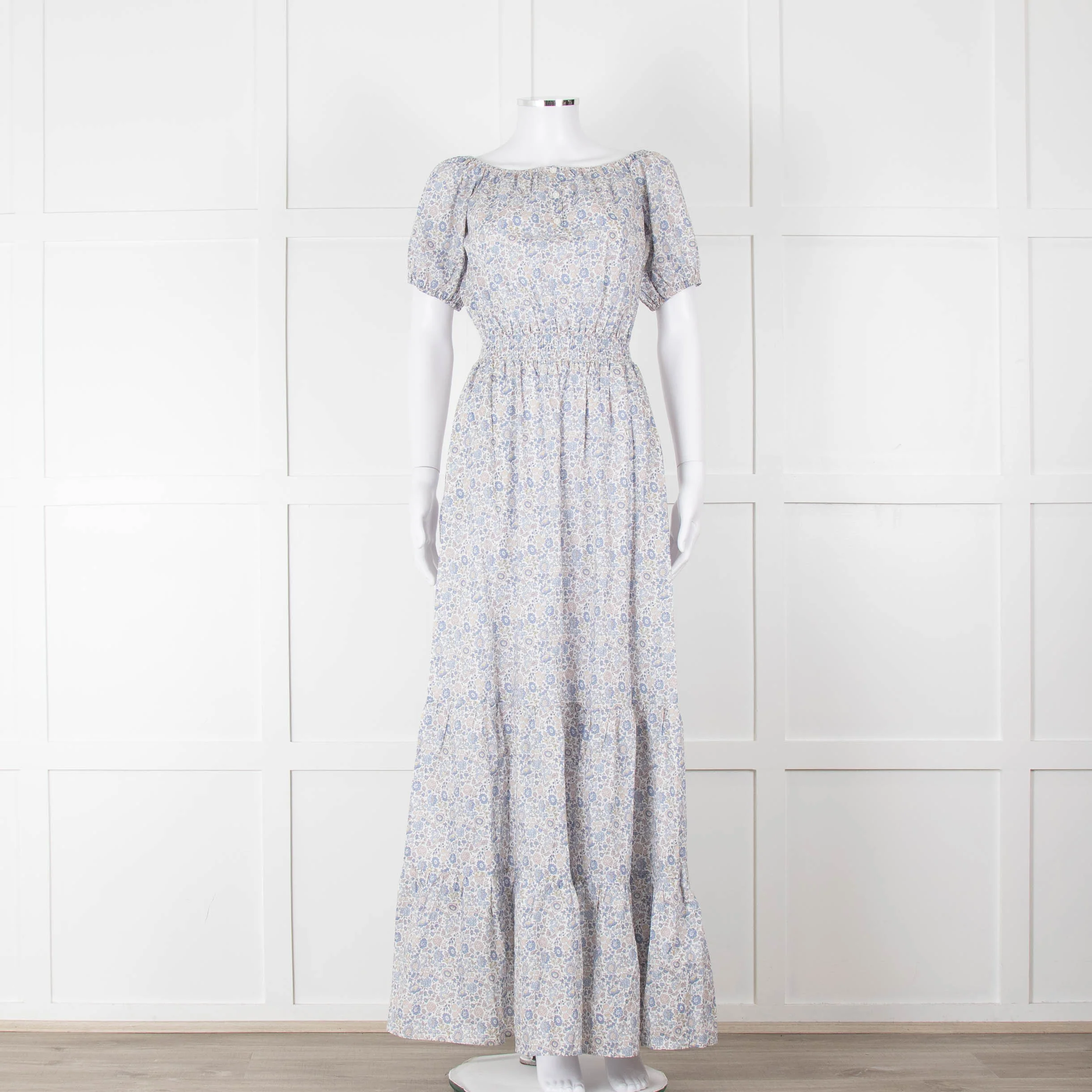 Ridley White Blue Grey Floral Cotton Puff Sleeve Maxi Dress