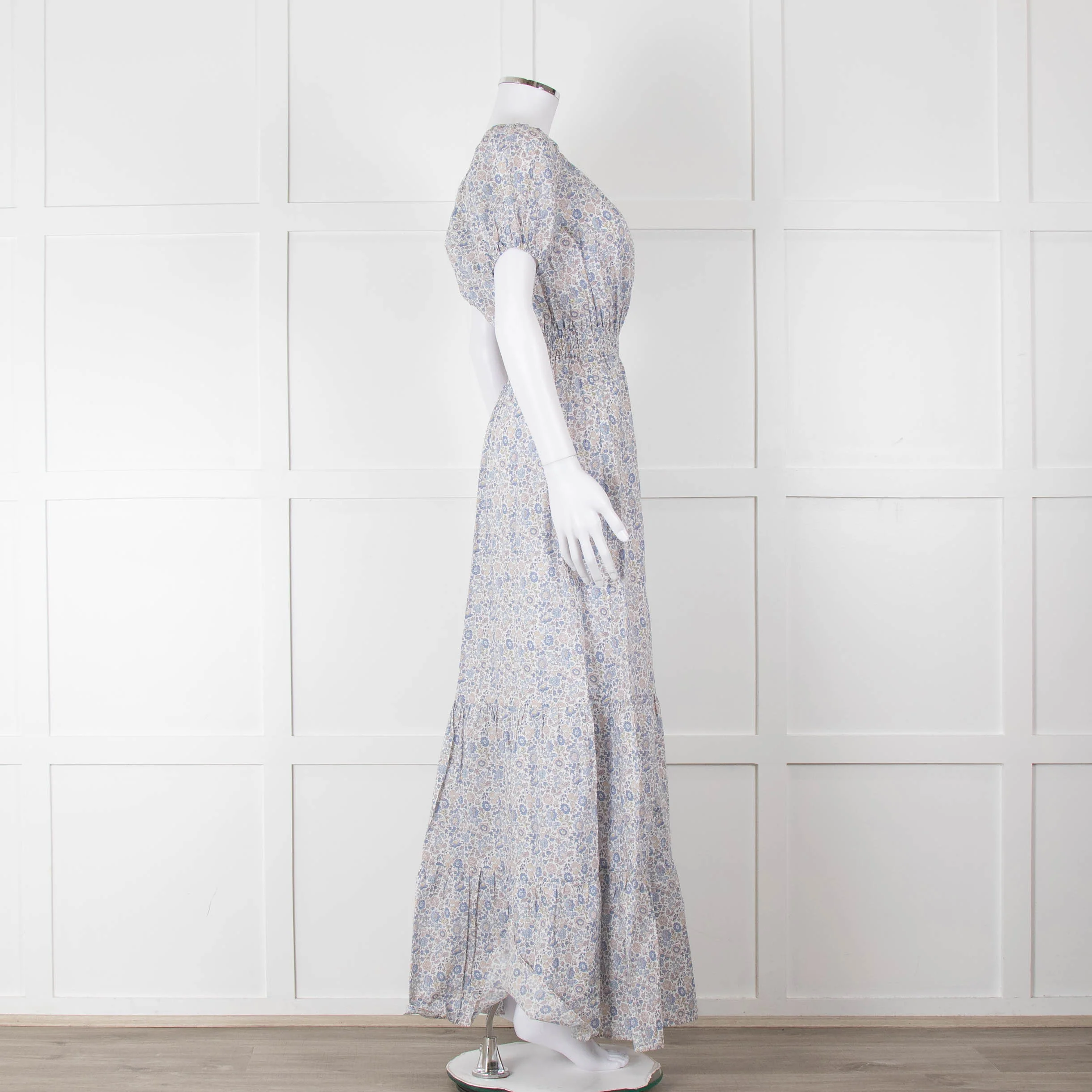 Ridley White Blue Grey Floral Cotton Puff Sleeve Maxi Dress - Image 3