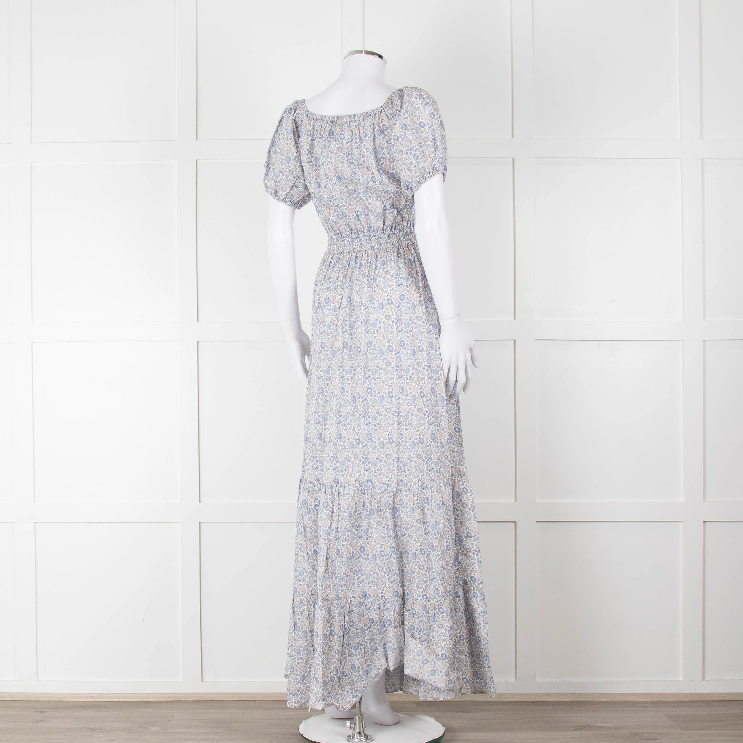 Ridley White Blue Grey Floral Cotton Puff Sleeve Maxi Dress - Image 4