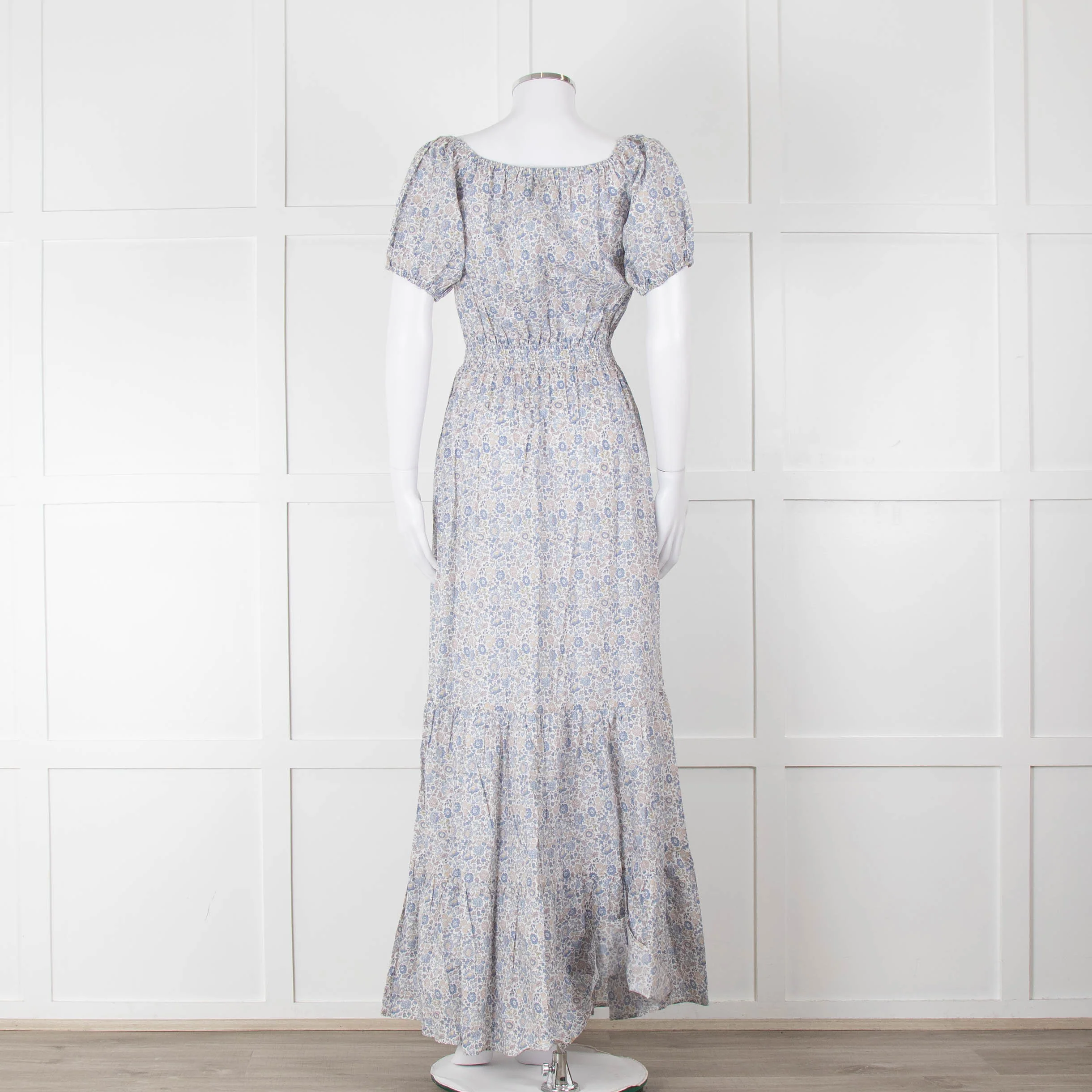 Ridley White Blue Grey Floral Cotton Puff Sleeve Maxi Dress - Image 5