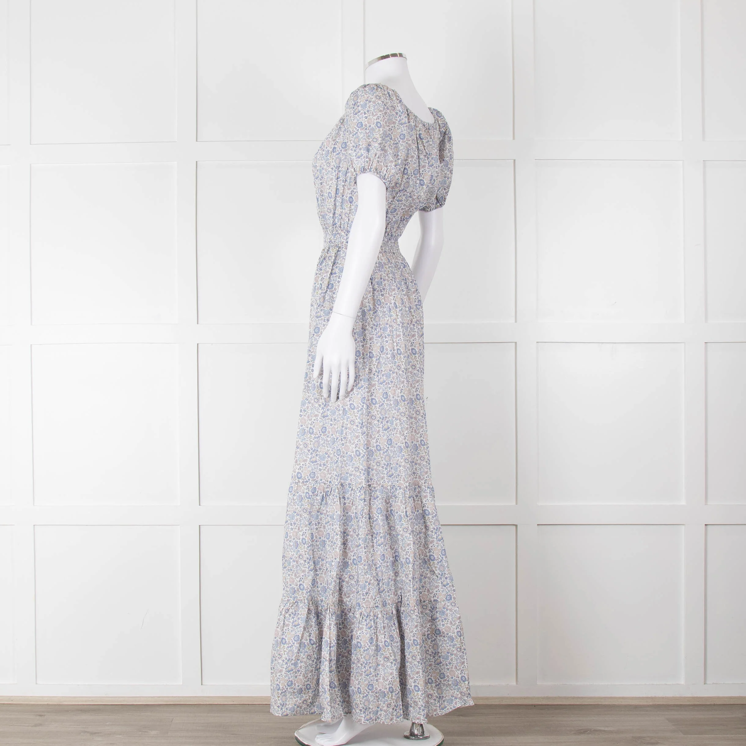Ridley White Blue Grey Floral Cotton Puff Sleeve Maxi Dress - Image 6