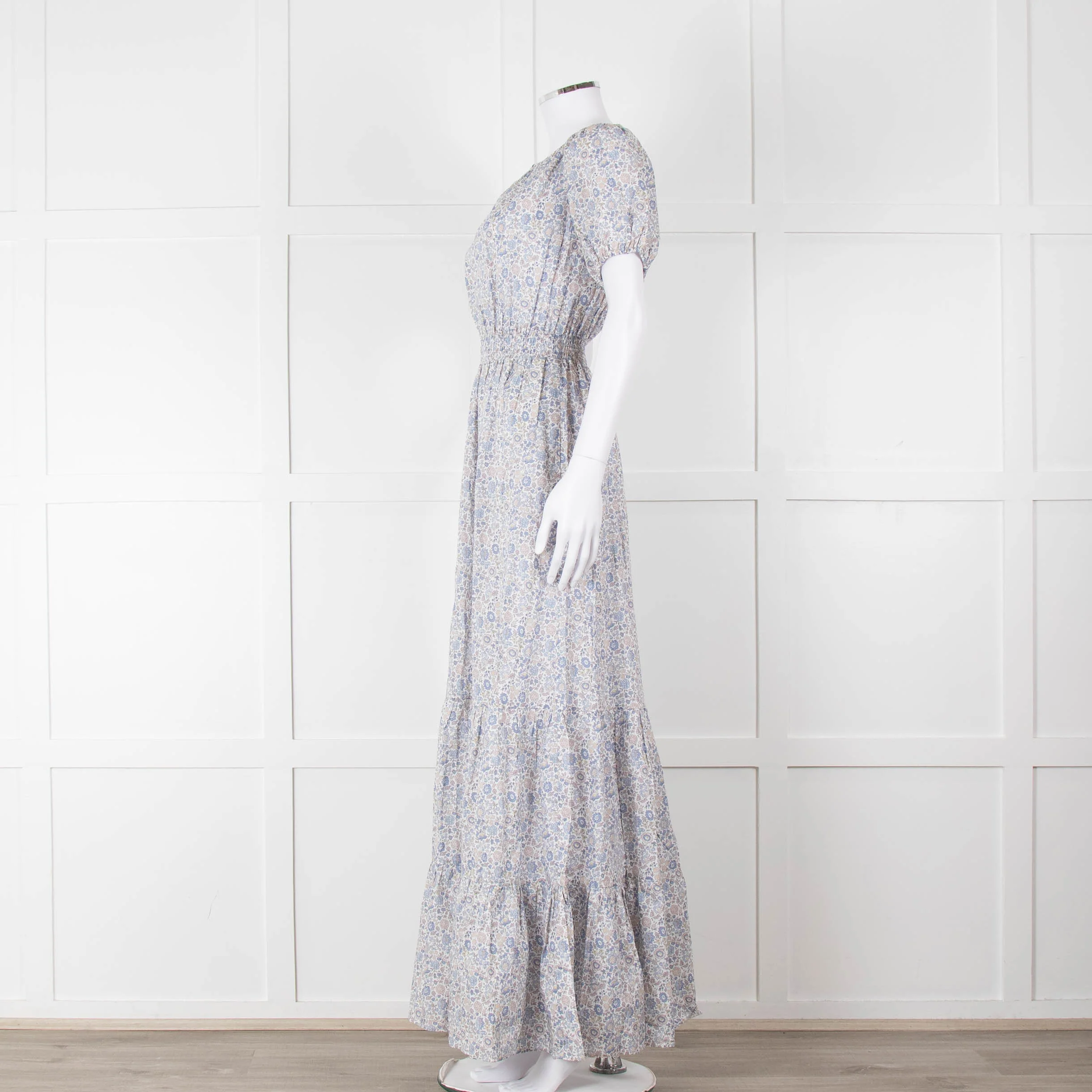 Ridley White Blue Grey Floral Cotton Puff Sleeve Maxi Dress - Image 7