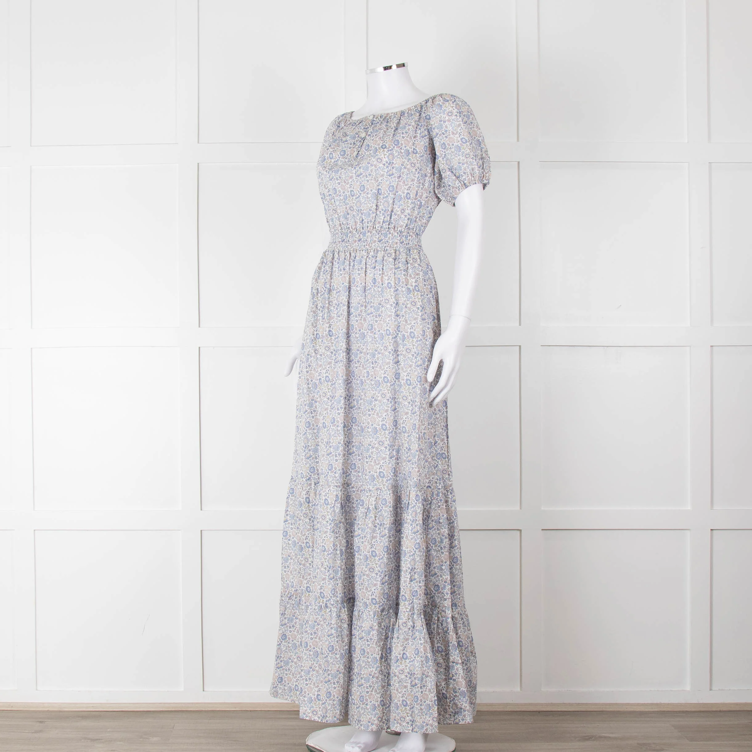 Ridley White Blue Grey Floral Cotton Puff Sleeve Maxi Dress - Image 8