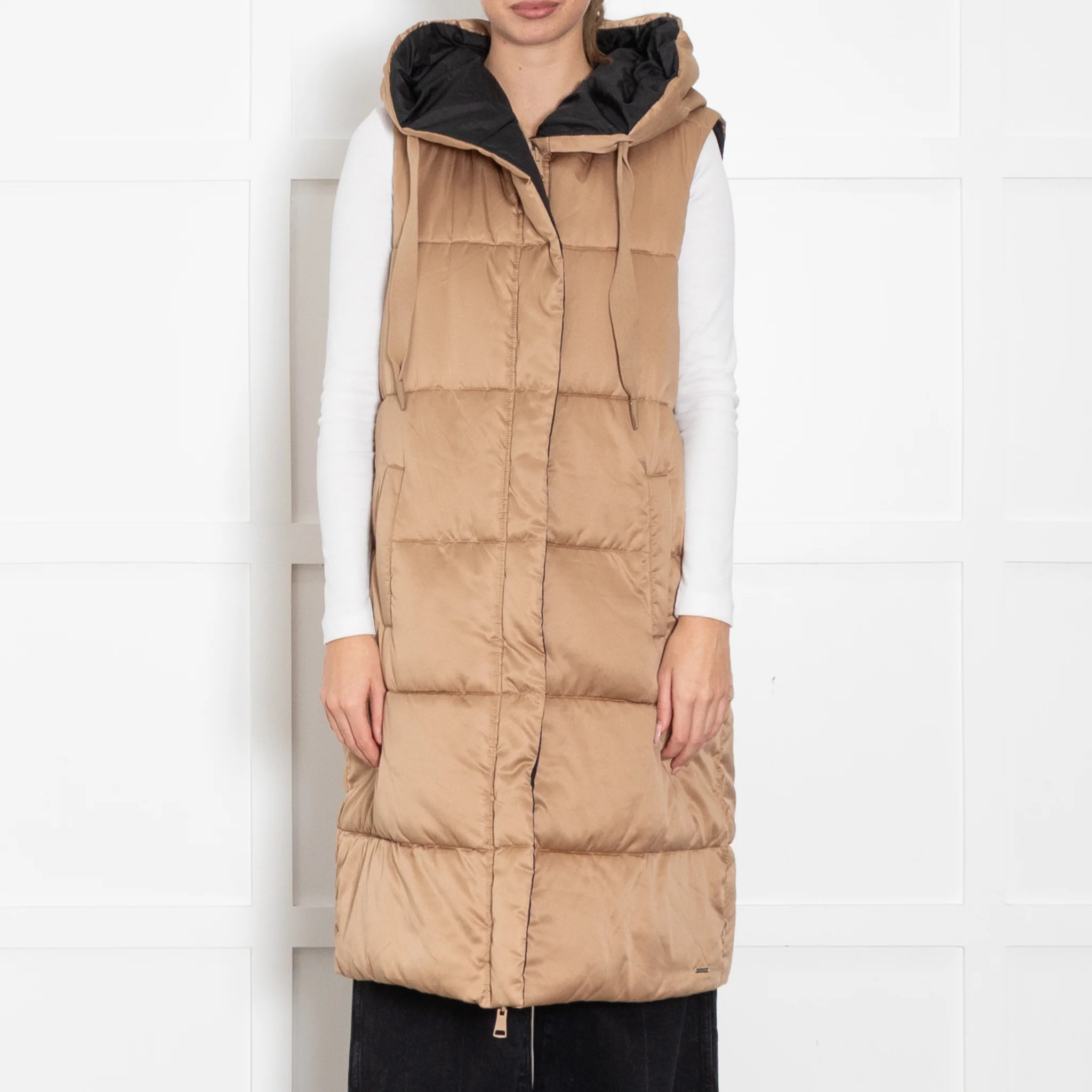 Rino & Pelle Long Brown Puffa Gilet With Hood - Image 2