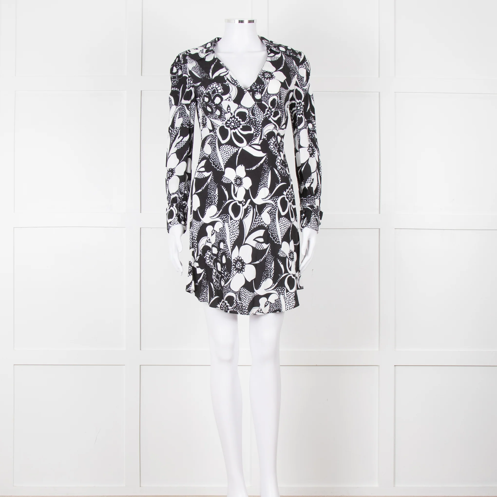 Rixo Black and White Patterened V Neck Dress