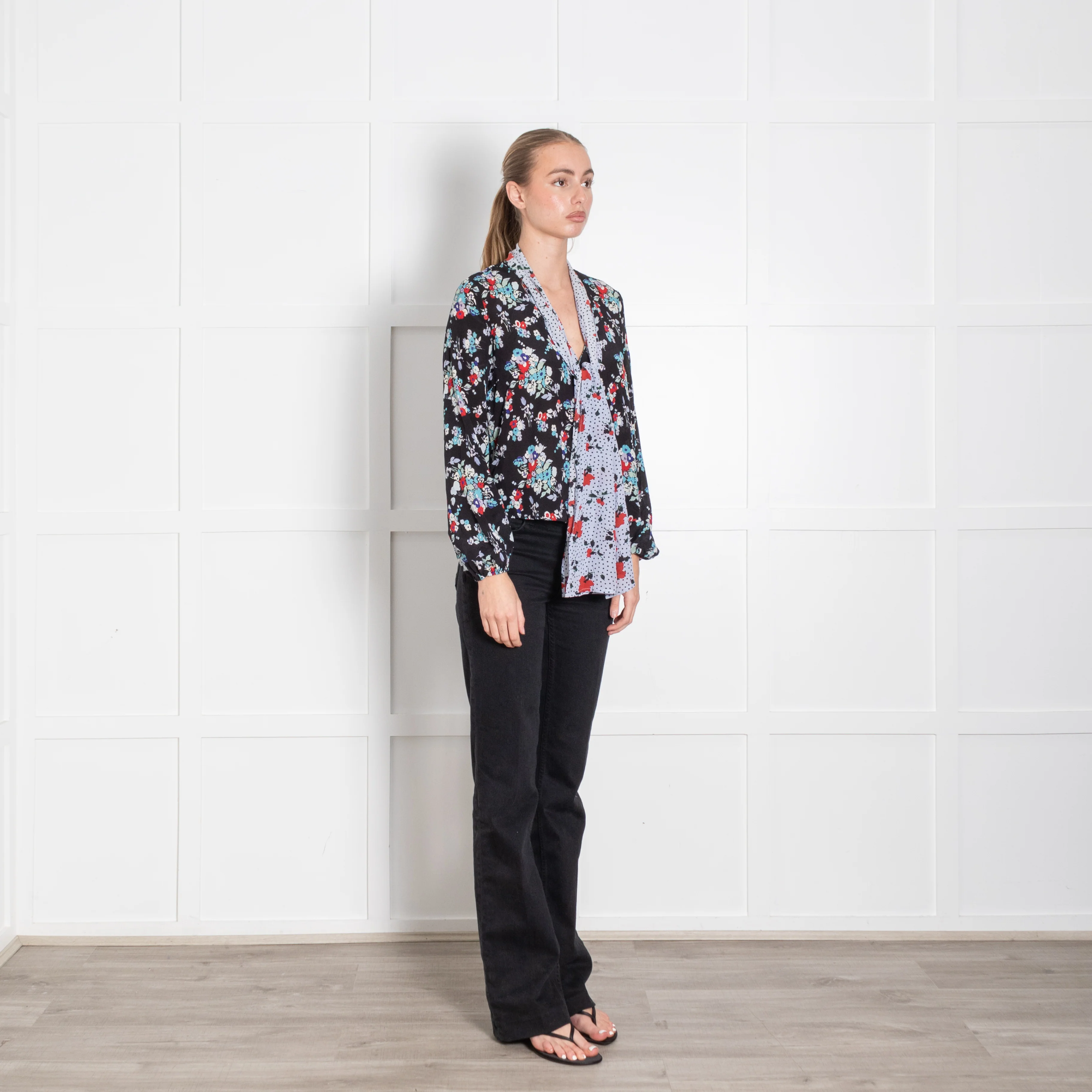 Rixo Black Blue Floral Silk Neck Tie Blouse - Image 7