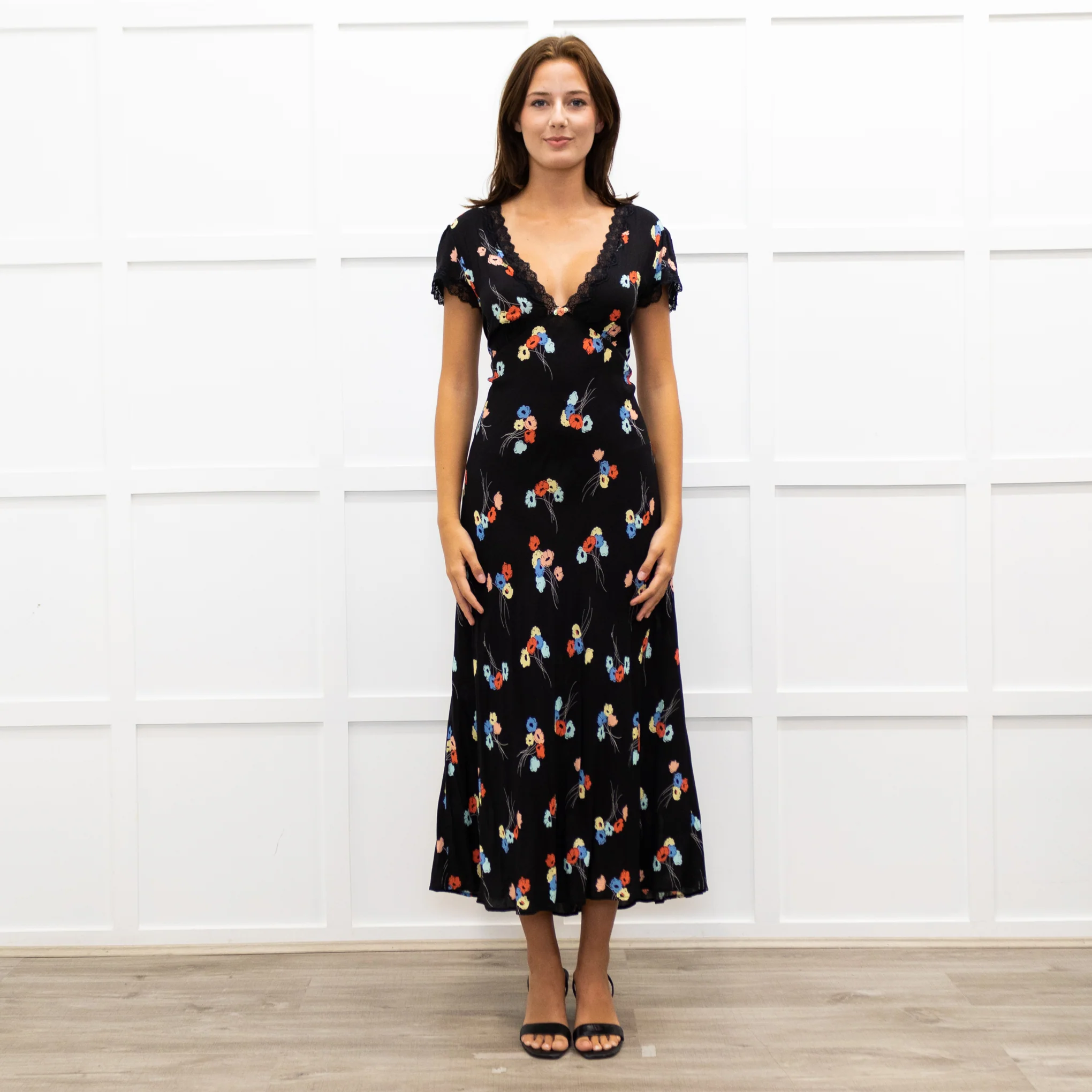 Rixo Black Clarice Lace Trim V Neck Tie Back Maxi Dress
