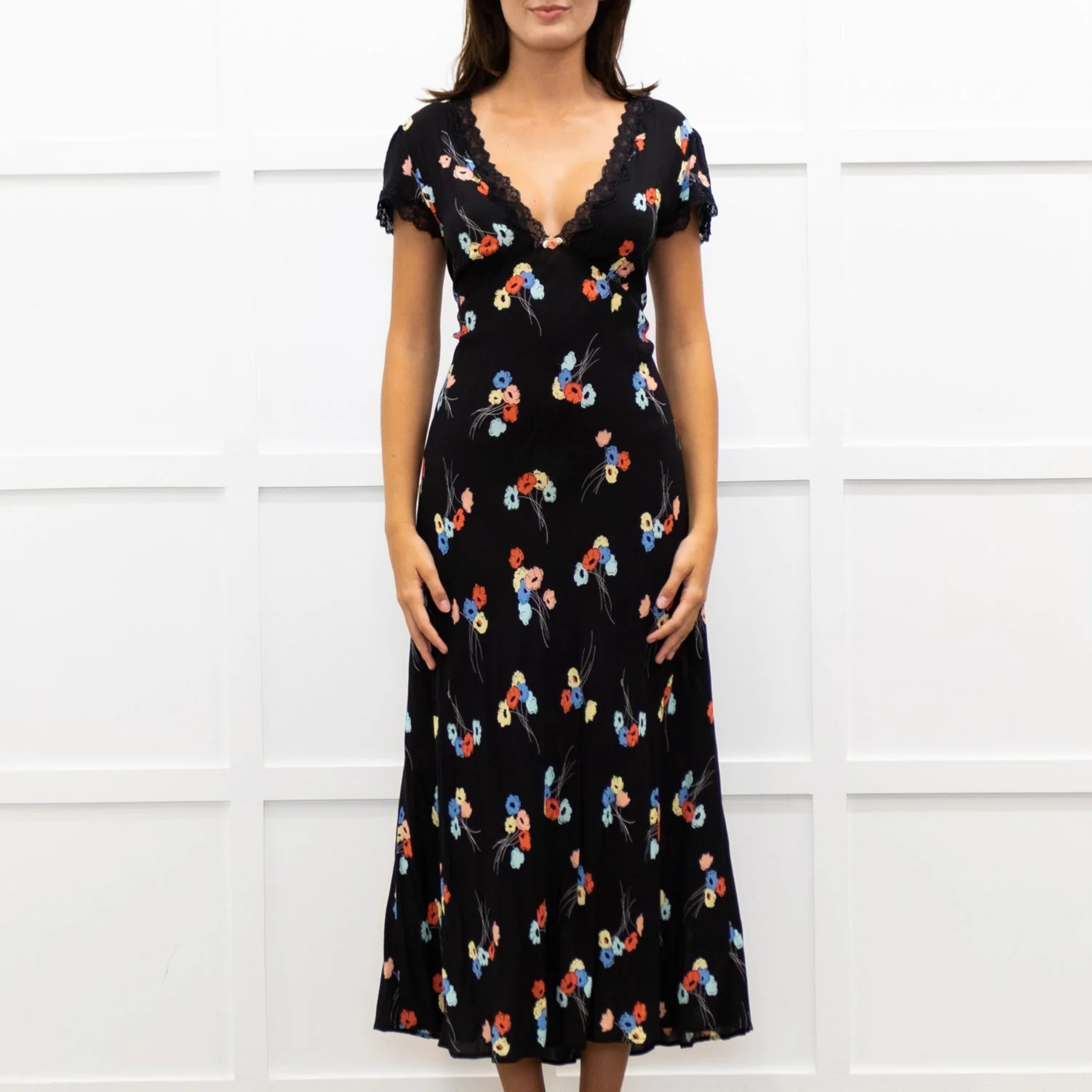 Rixo Black Clarice Lace Trim V Neck Tie Back Maxi Dress - Image 2