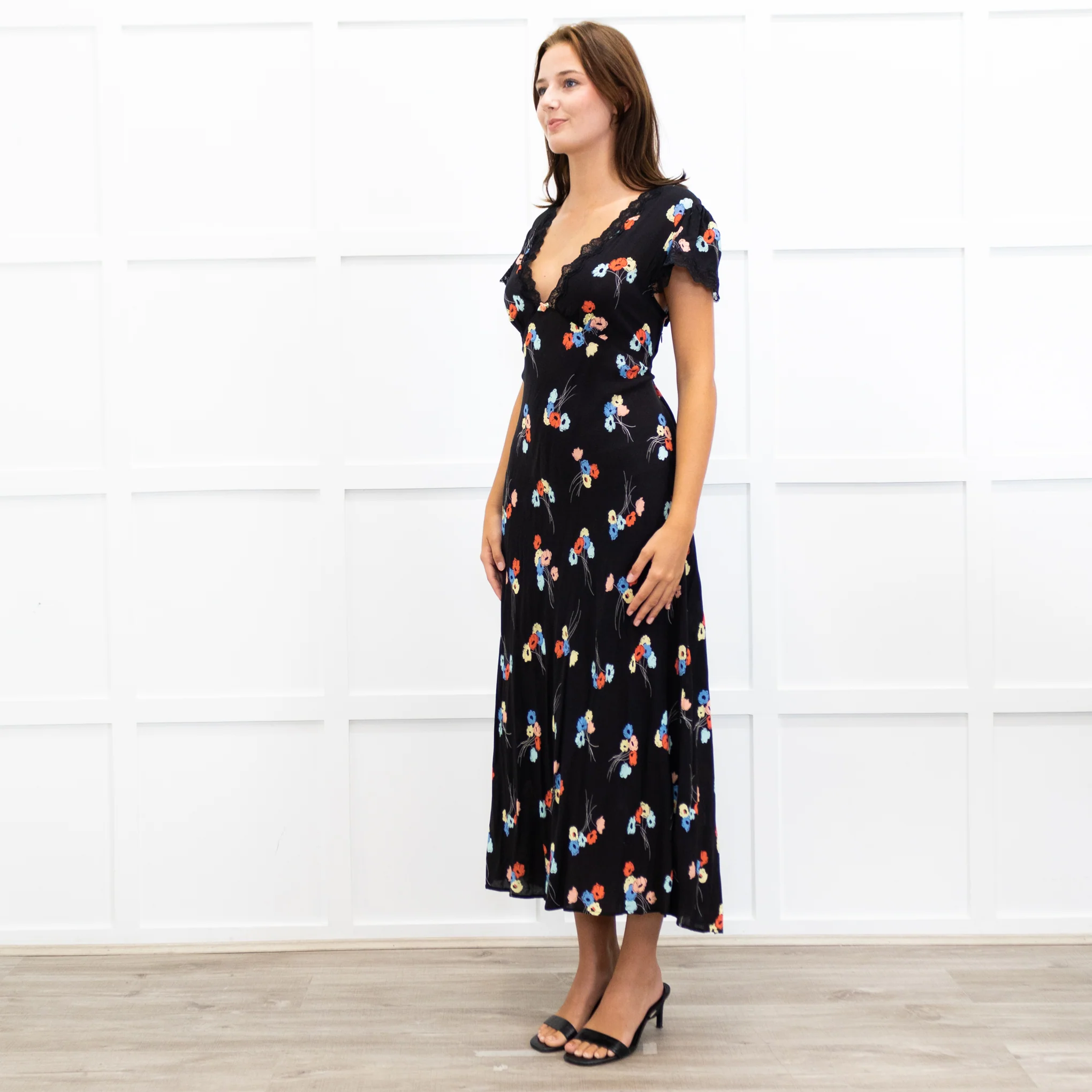 Rixo Black Clarice Lace Trim V Neck Tie Back Maxi Dress - Image 3