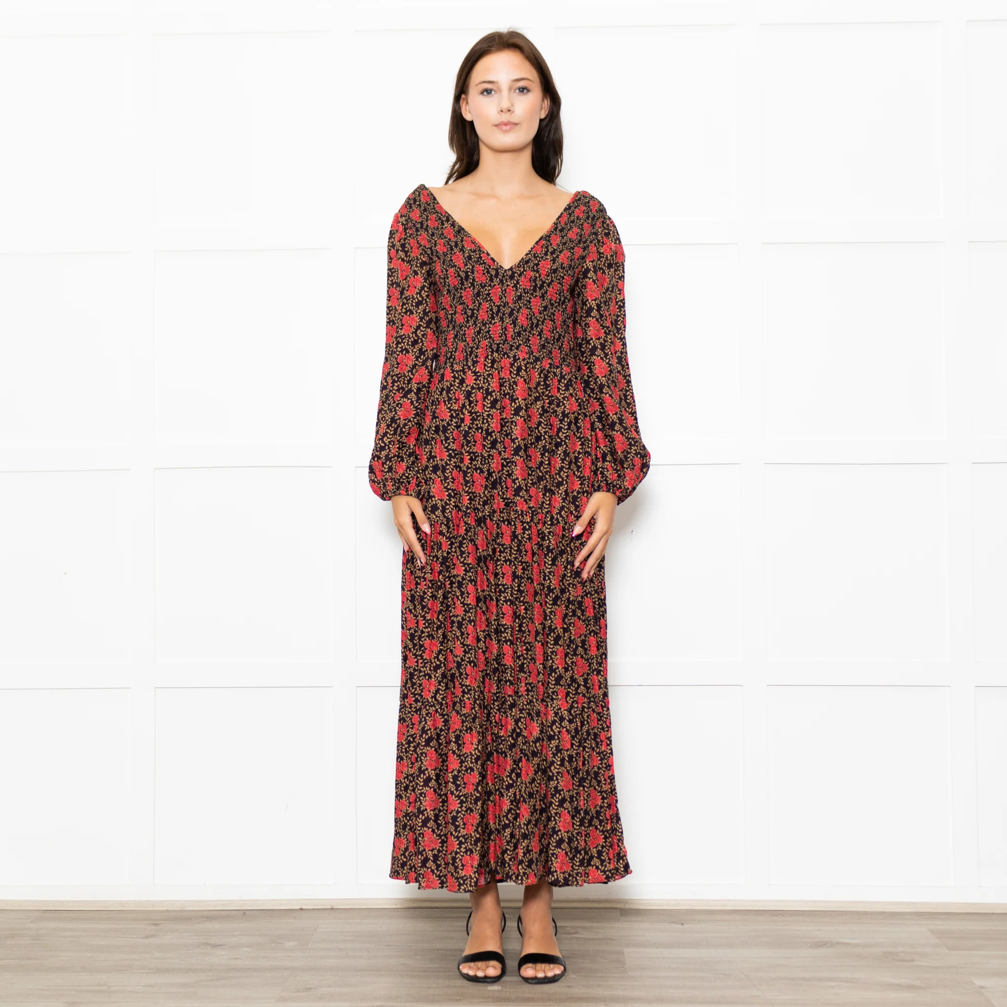 Rixo Black Coral Rose Khaki Leaf Print Sleeved Maxi Dress