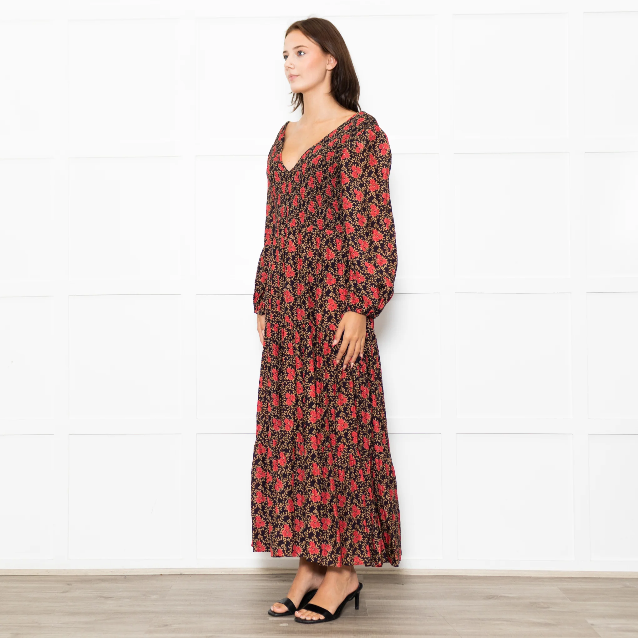 Rixo Black Coral Rose Khaki Leaf Print Sleeved Maxi Dress - Image 3