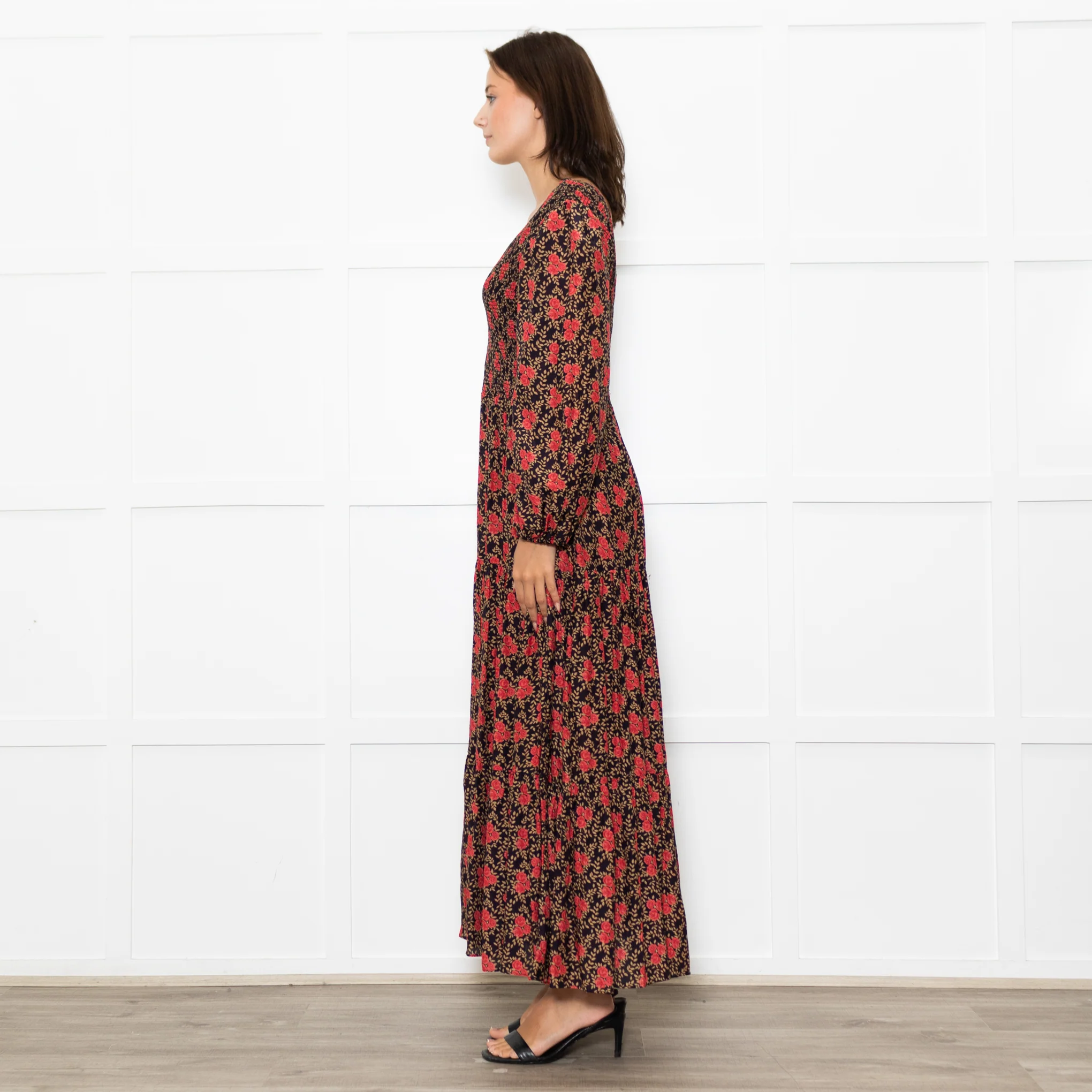 Rixo Black Coral Rose Khaki Leaf Print Sleeved Maxi Dress - Image 4