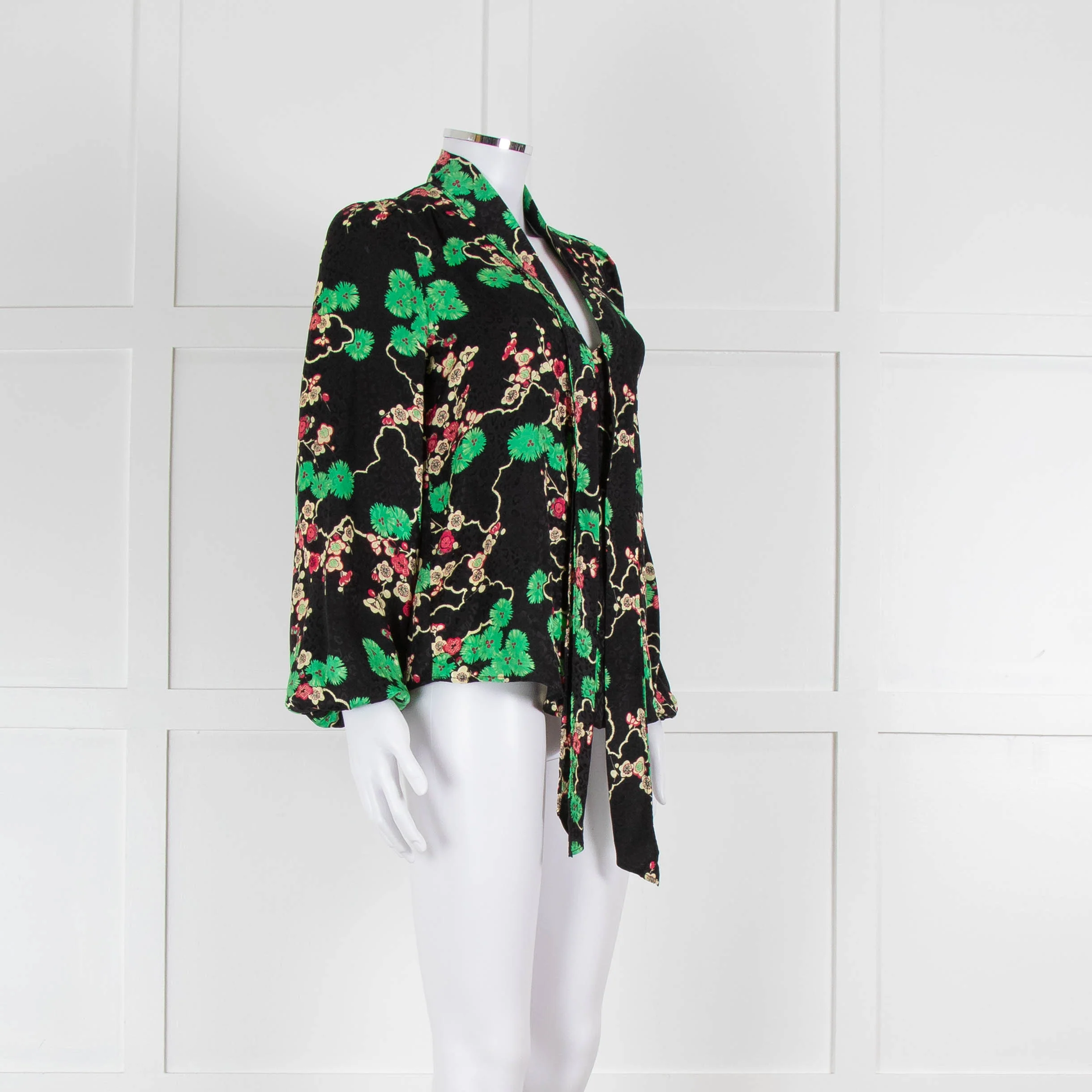 Rixo Black Green and Pink Floral Tie Neck Blouse - Image 2