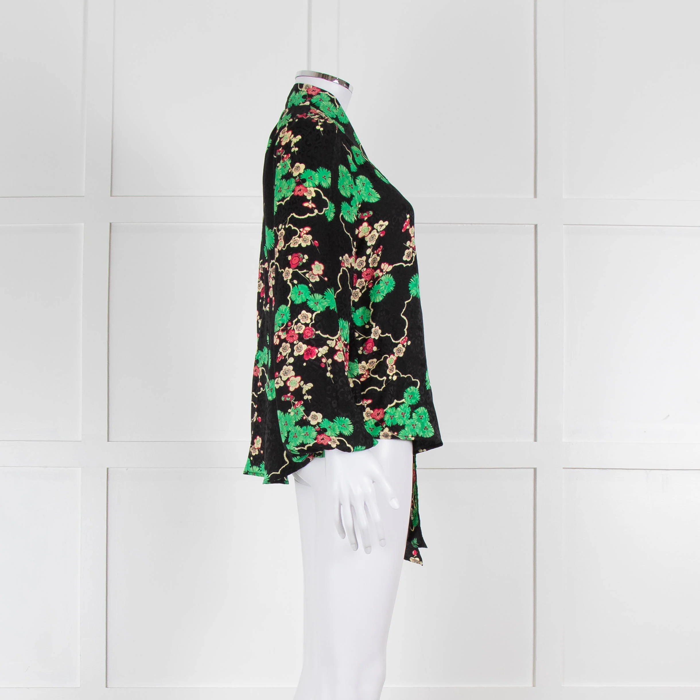 Rixo Black Green and Pink Floral Tie Neck Blouse - Image 3