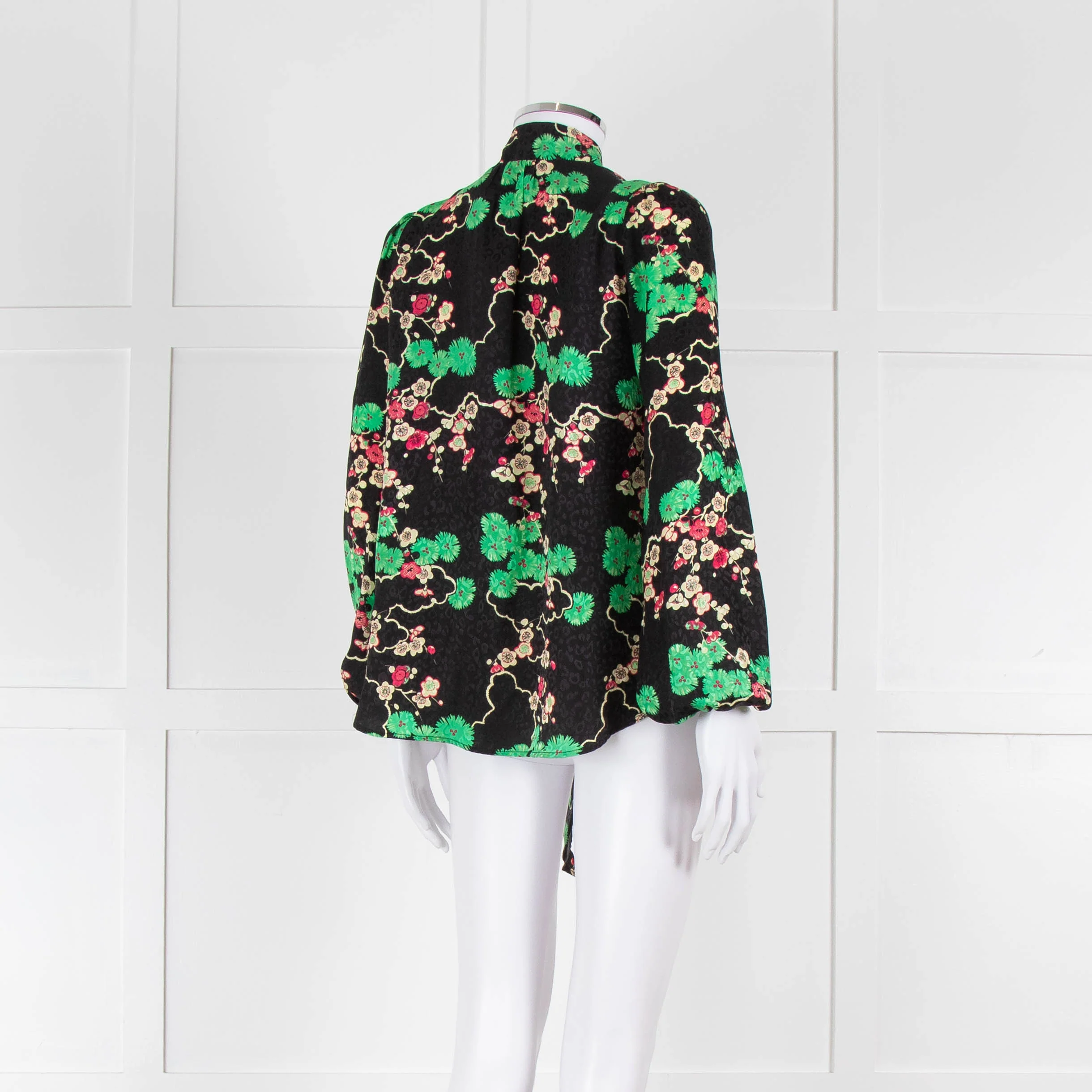 Rixo Black Green and Pink Floral Tie Neck Blouse - Image 4