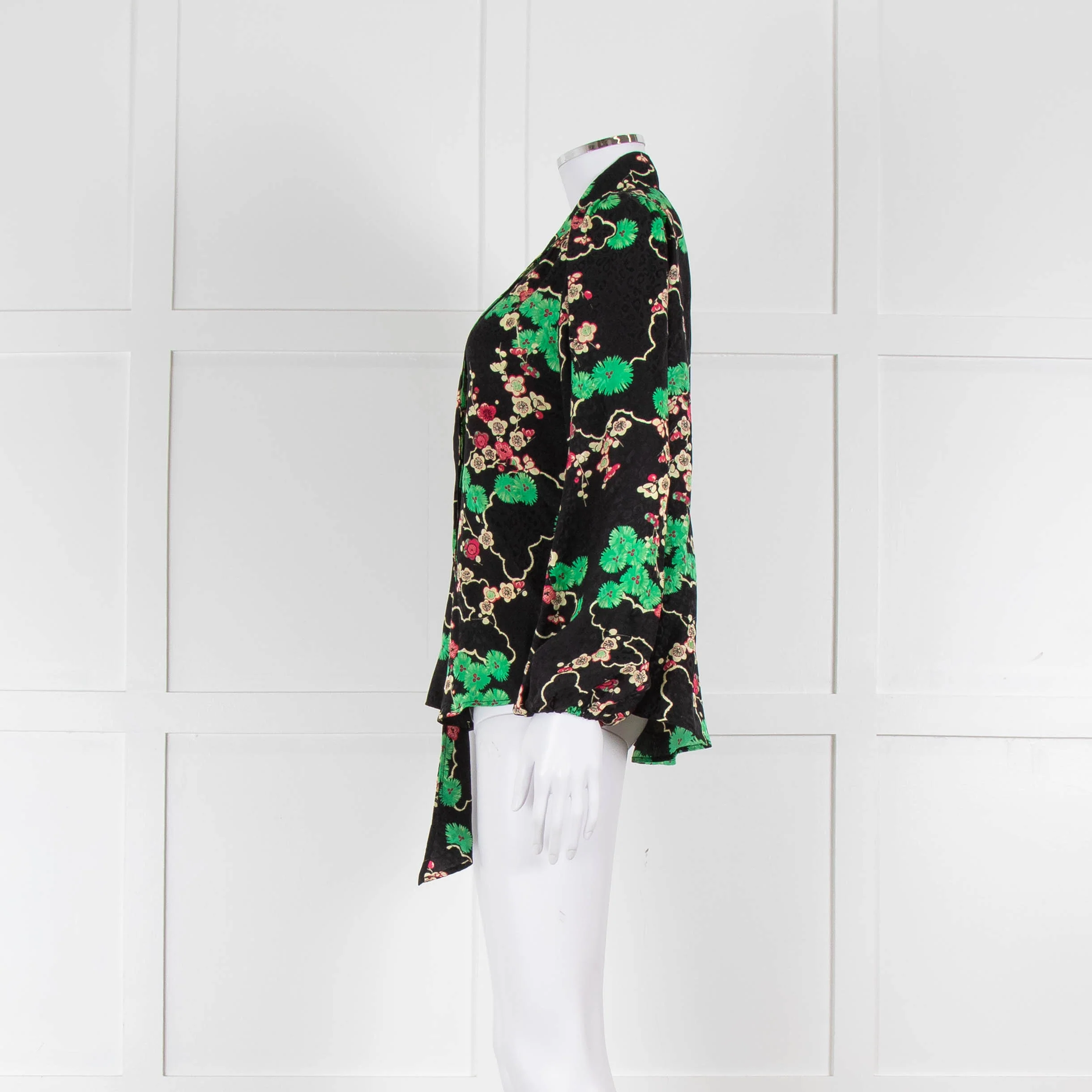 Rixo Black Green and Pink Floral Tie Neck Blouse - Image 7