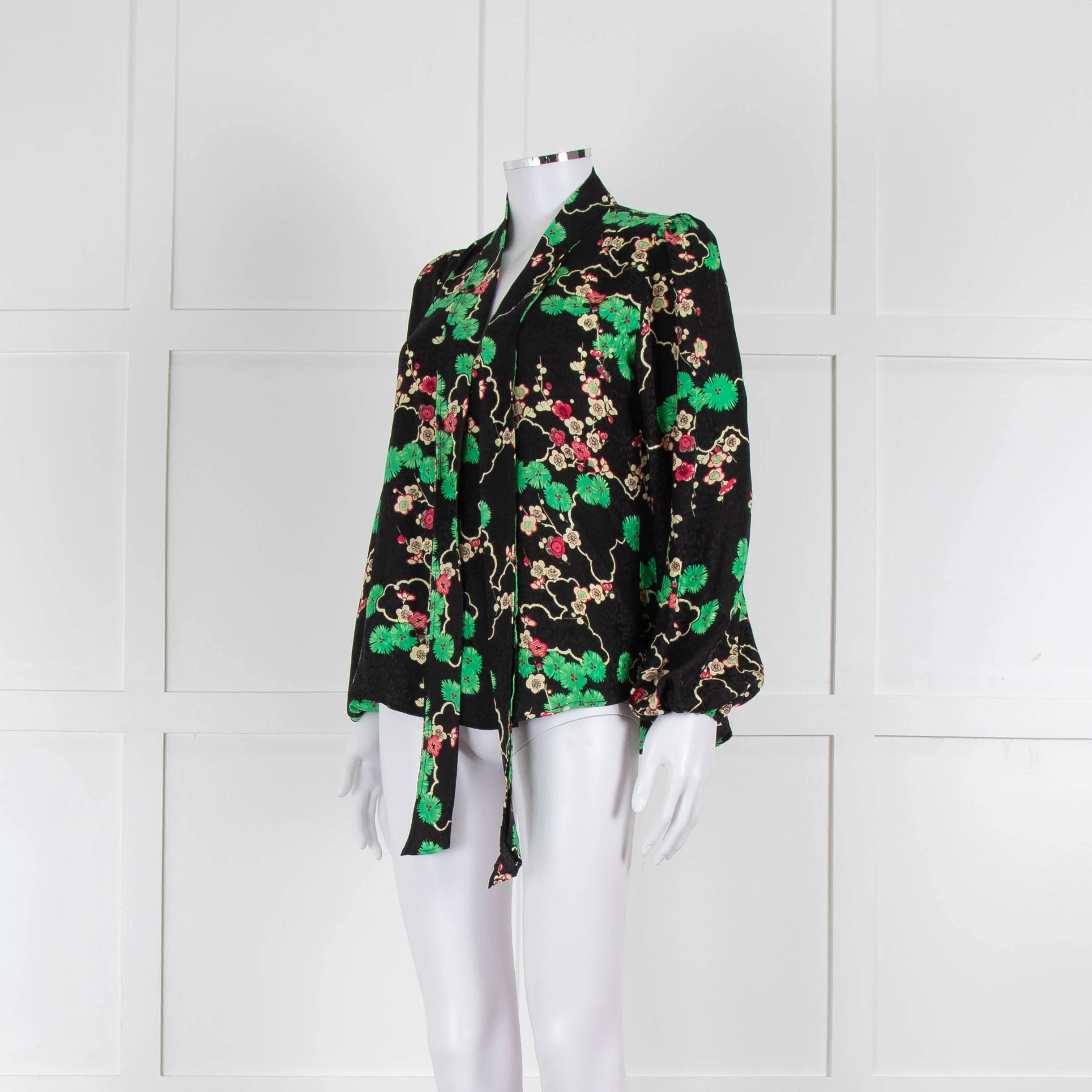 Rixo Black Green and Pink Floral Tie Neck Blouse - Image 8
