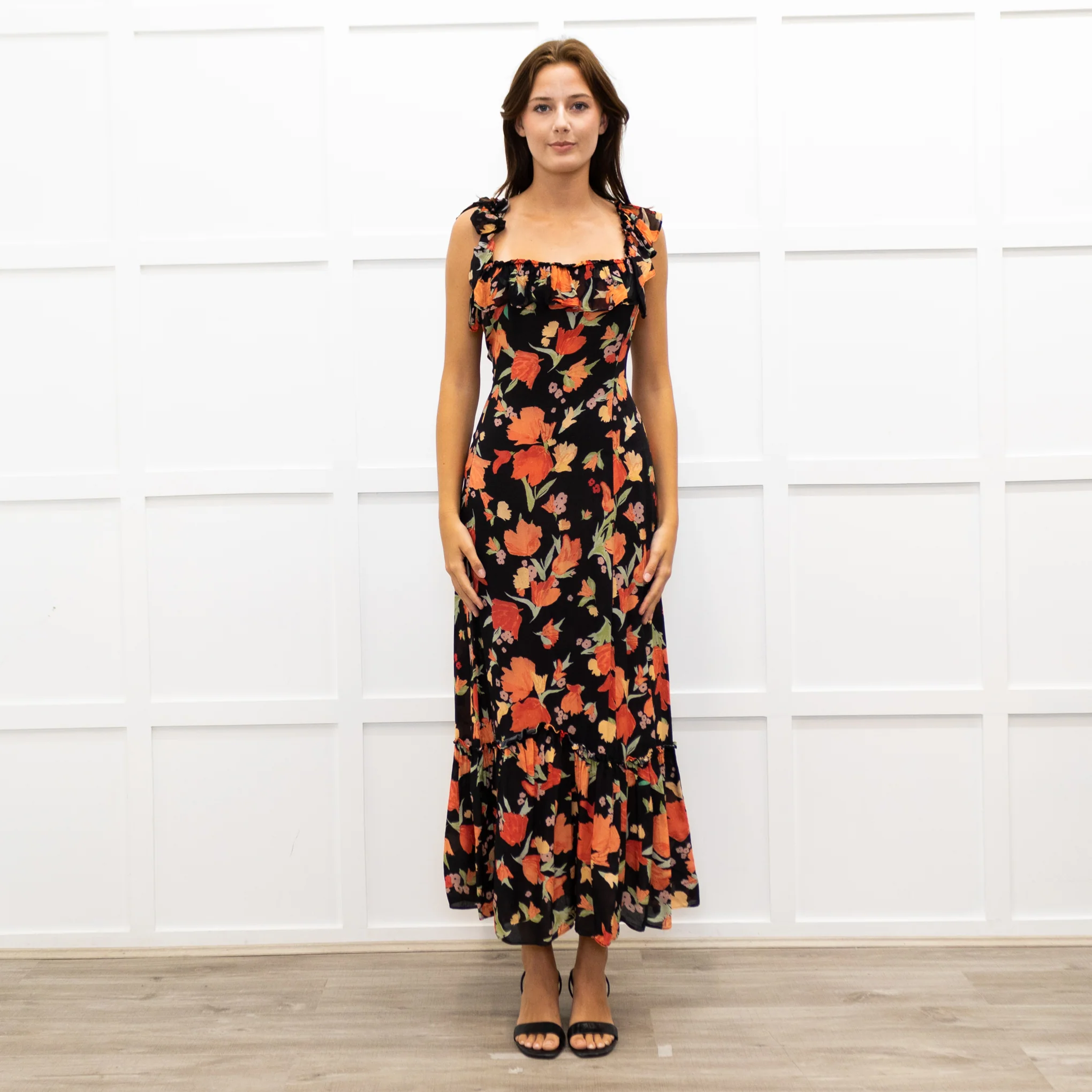 Rixo Black June Floral Square Neck Off Shoulder Midi Dress