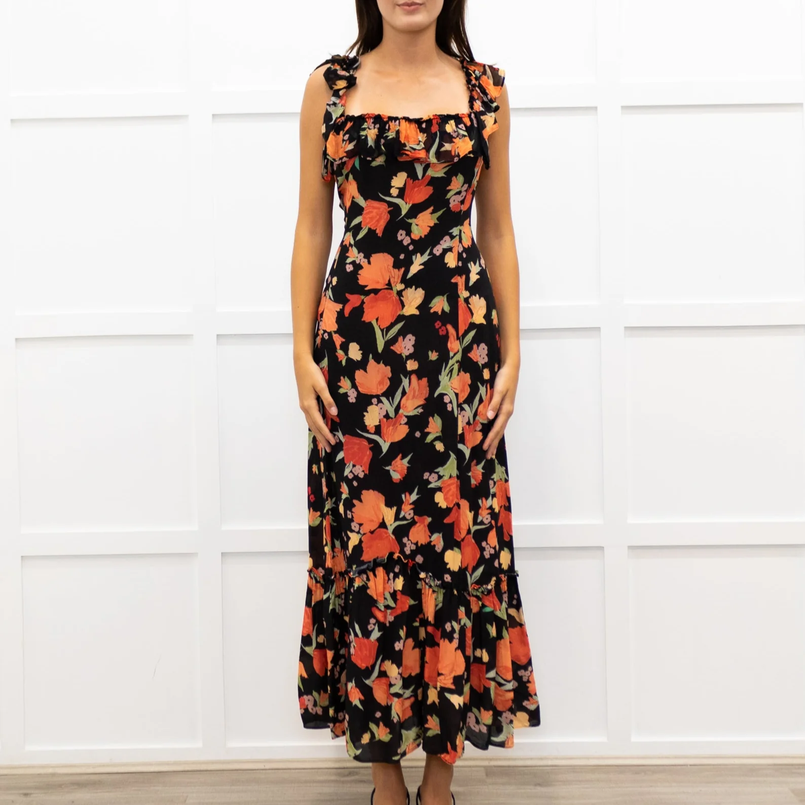 Rixo Black June Floral Square Neck Off Shoulder Midi Dress - Image 2