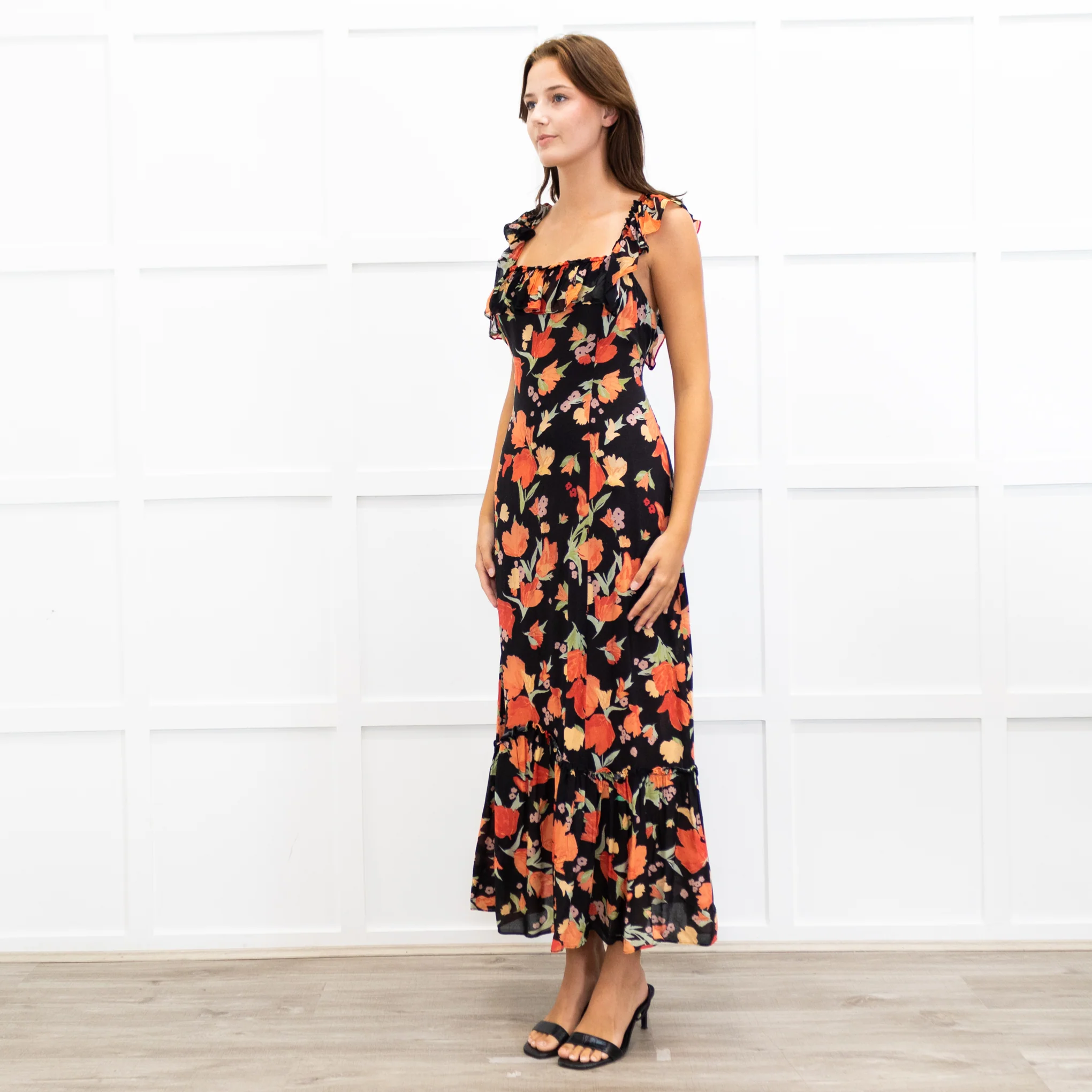 Rixo Black June Floral Square Neck Off Shoulder Midi Dress - Image 3