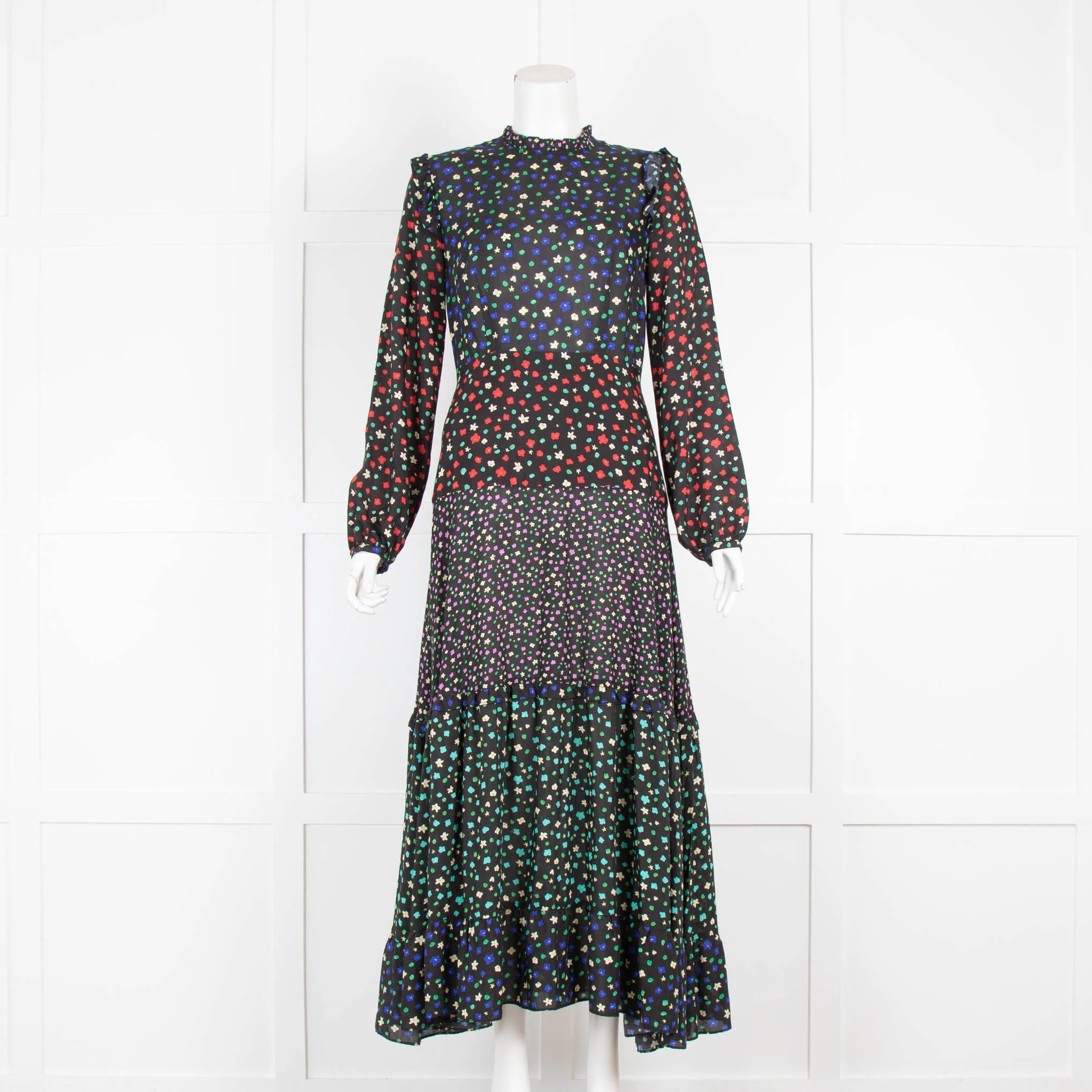 Rixo Black Red Floral Long Sleeve Maxi Dress