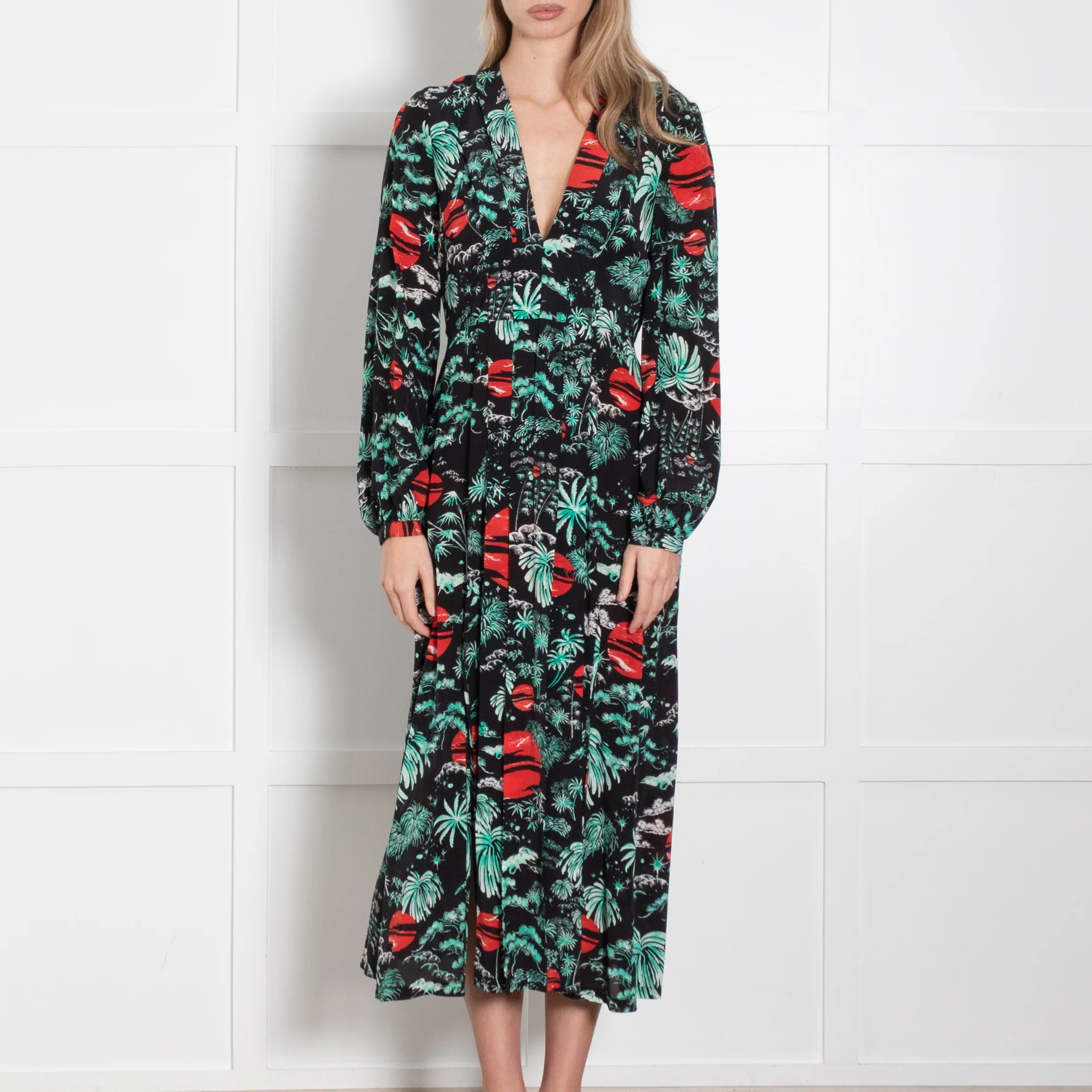 Rixo Black Turquoise Red Sky Print Pleated Dress - Image 2