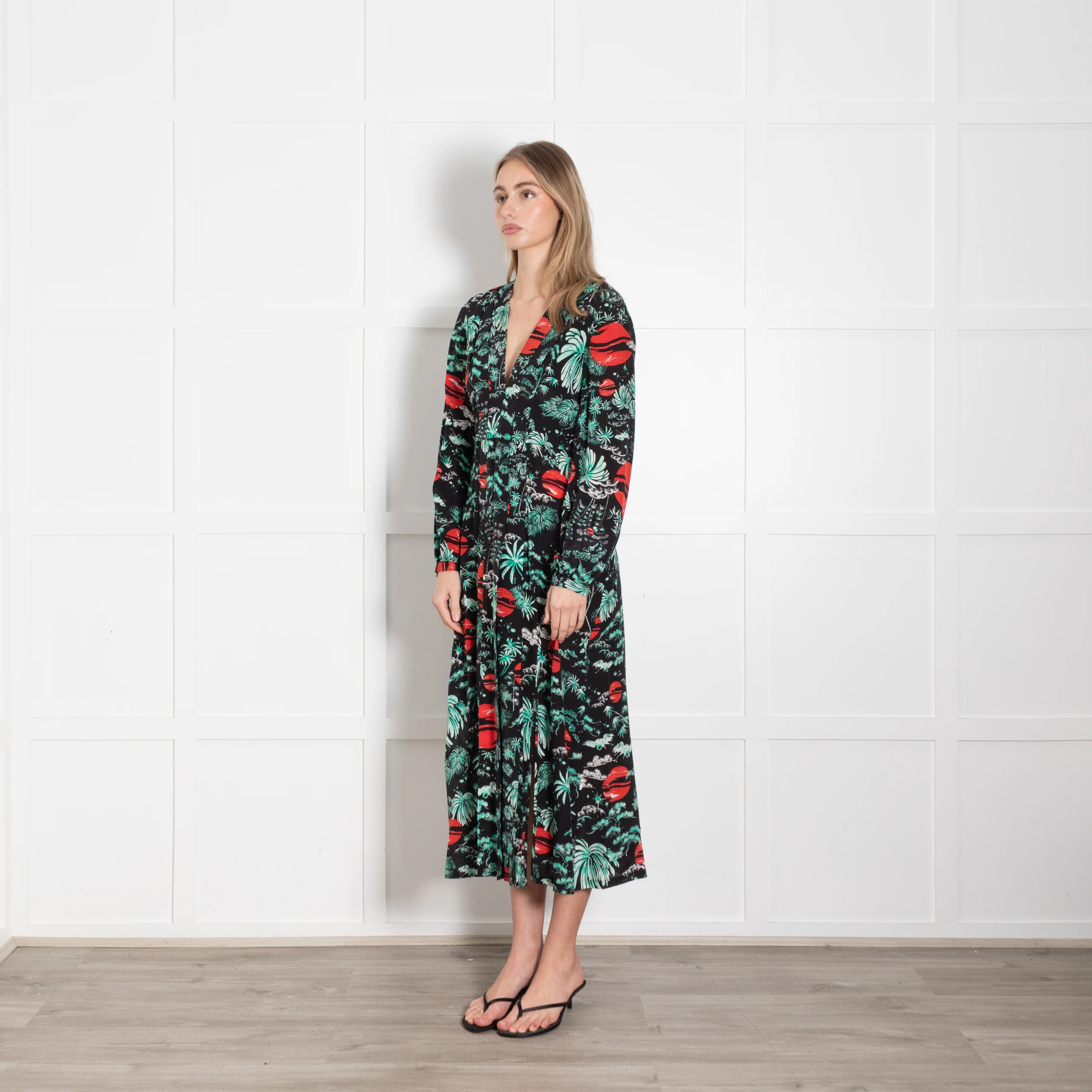 Rixo Black Turquoise Red Sky Print Pleated Dress - Image 3
