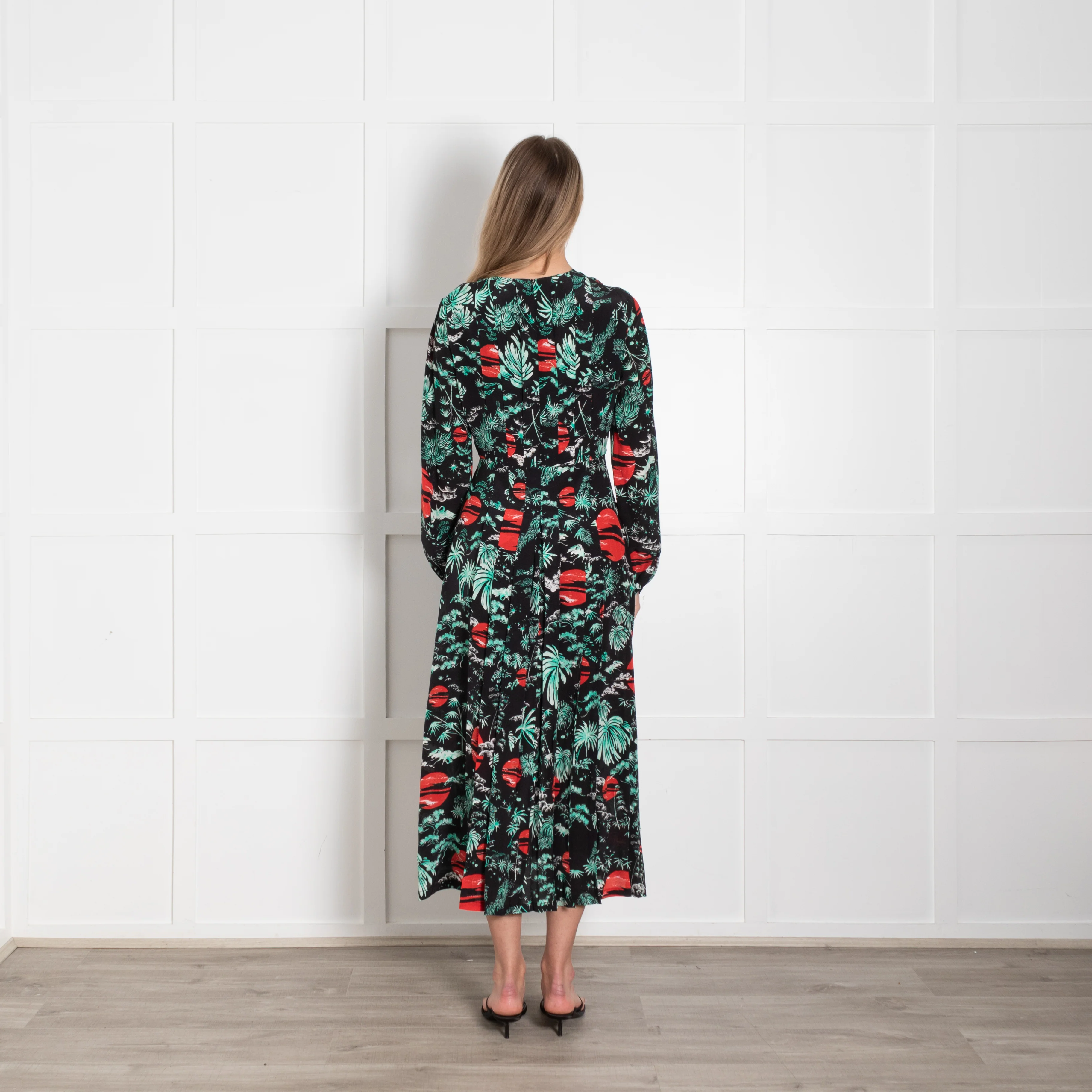 Rixo Black Turquoise Red Sky Print Pleated Dress - Image 5