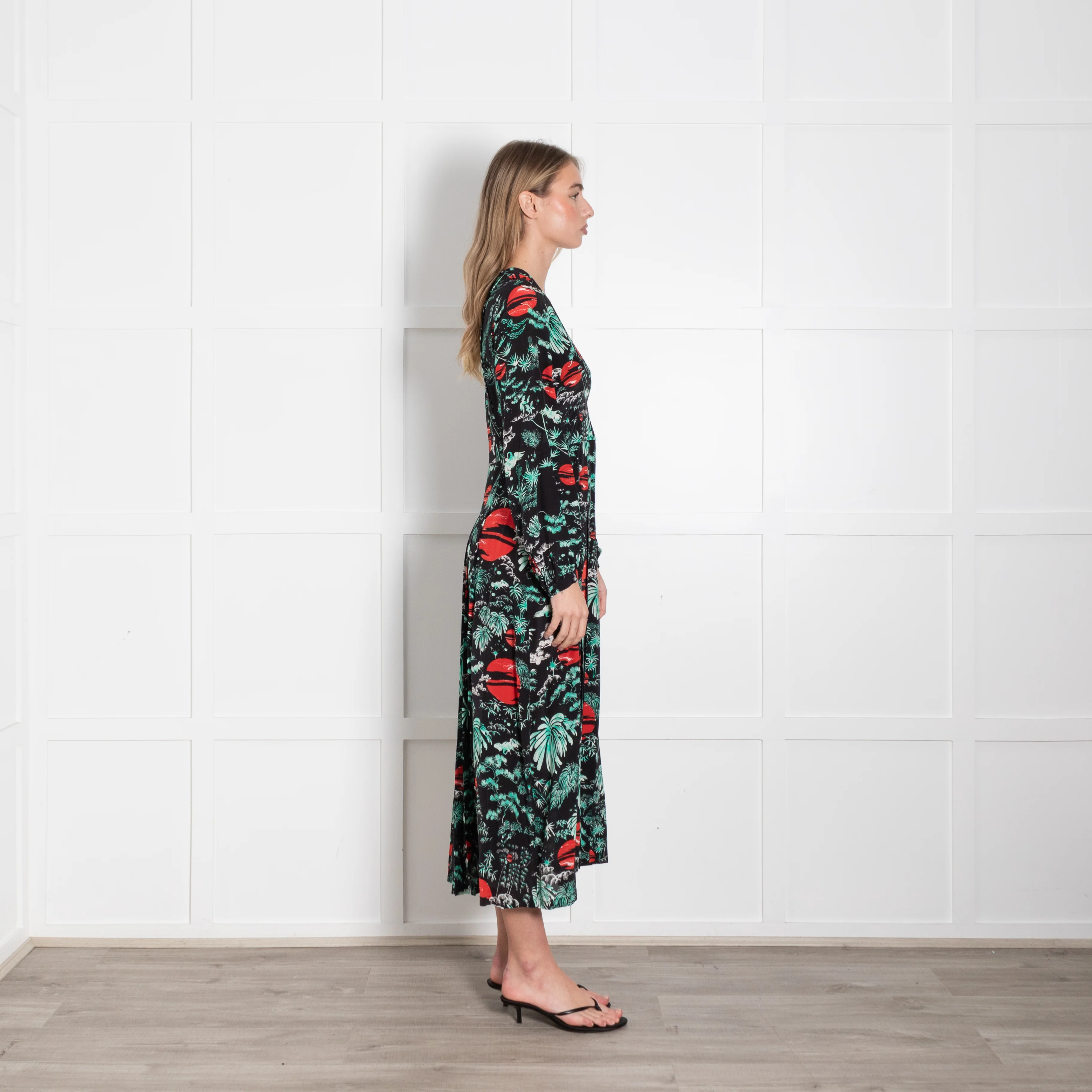 Rixo Black Turquoise Red Sky Print Pleated Dress - Image 6