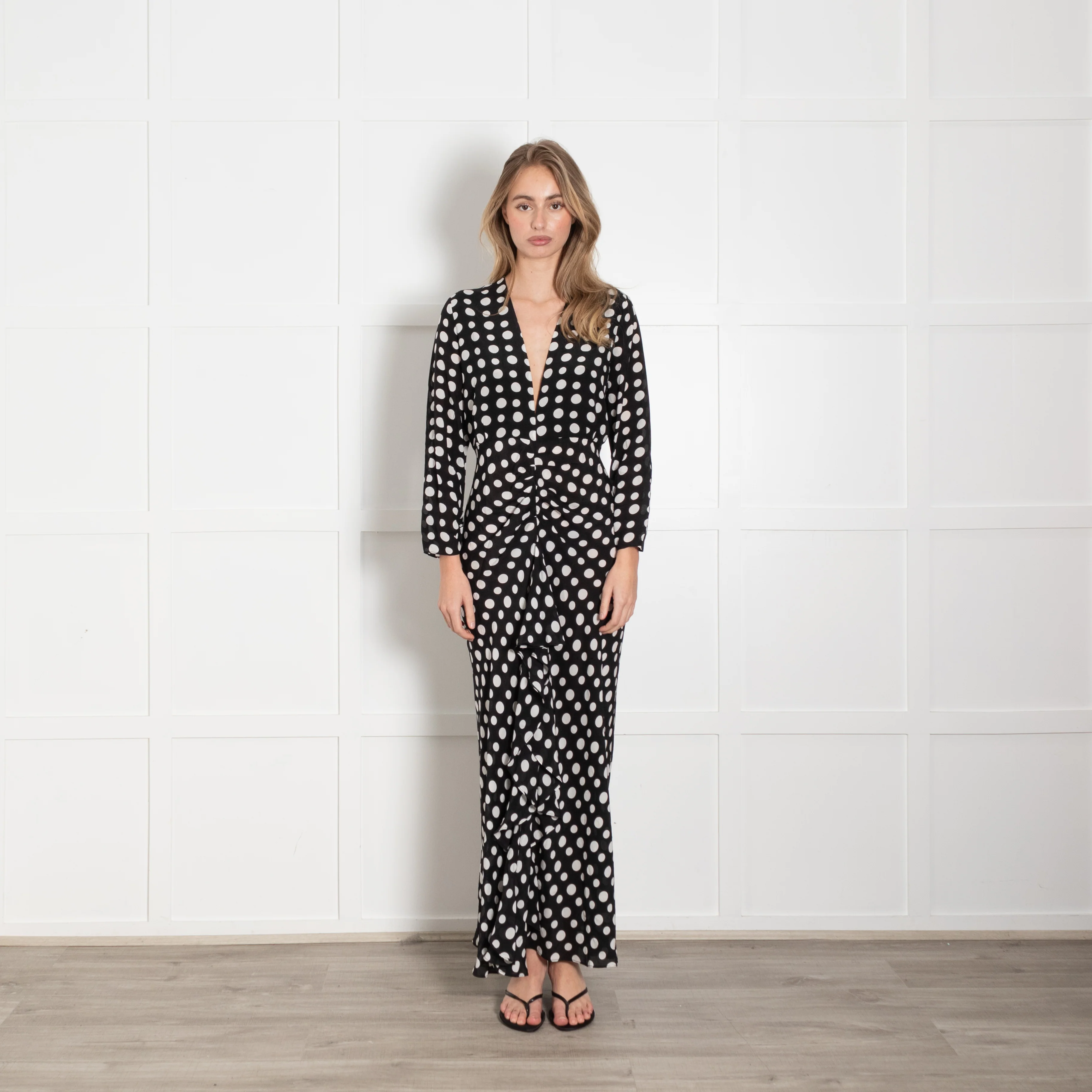 Rixo Black White Polka Dots Front Frill Detail Silk Maxi Dress