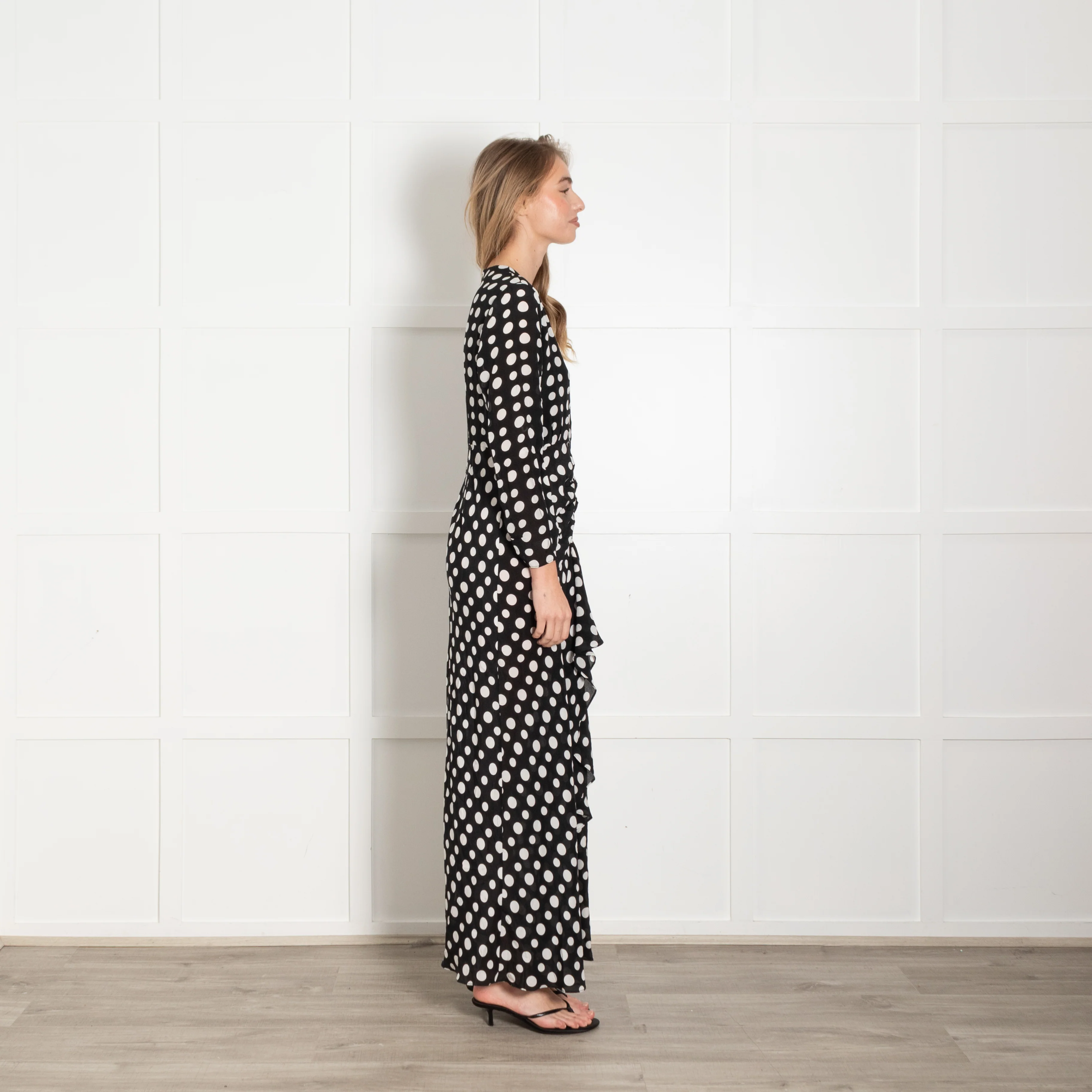 Rixo Black White Polka Dots Front Frill Detail Silk Maxi Dress - Image 6