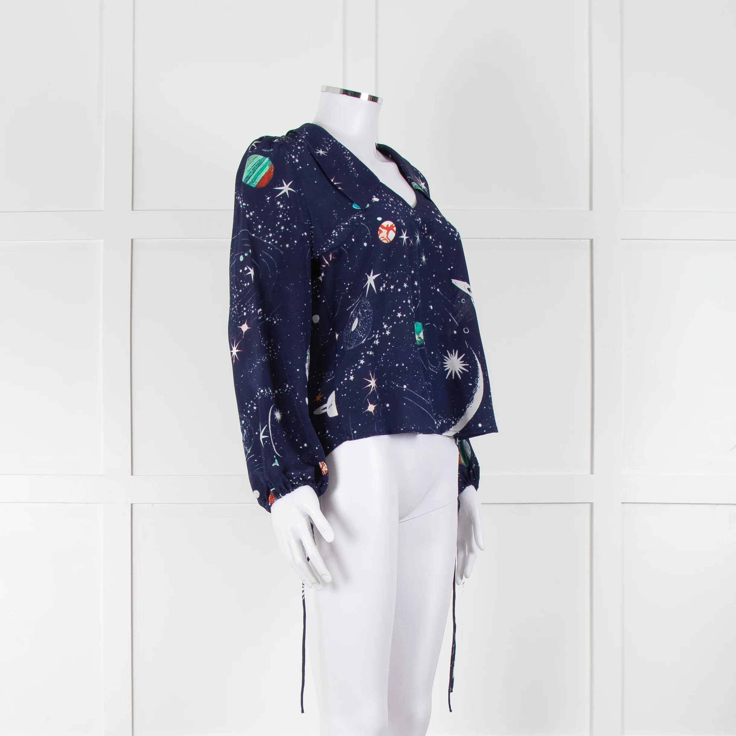 Rixo Blue Cosmos Print Long Sleeve Silk Blouse - Image 2