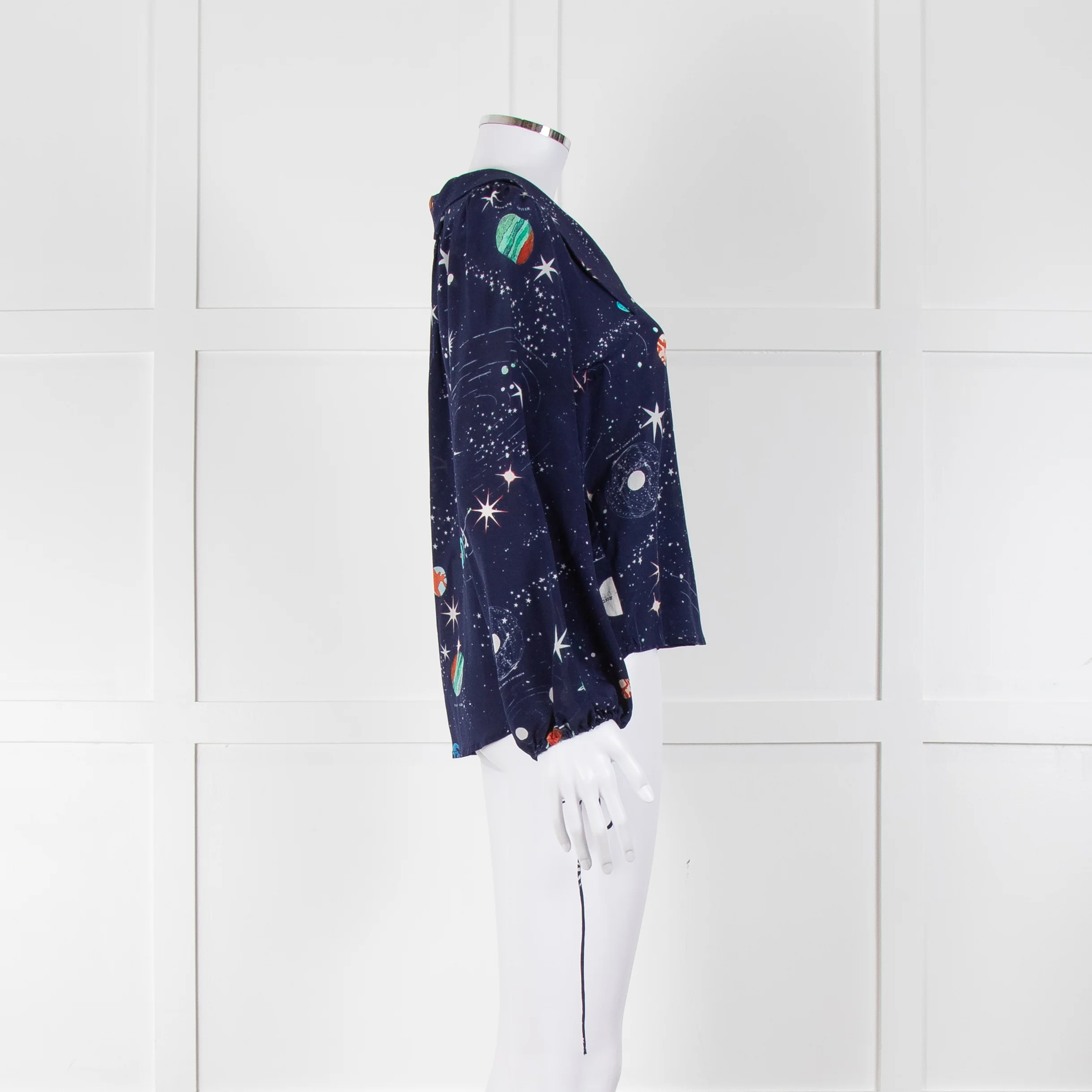 Rixo Blue Cosmos Print Long Sleeve Silk Blouse - Image 3