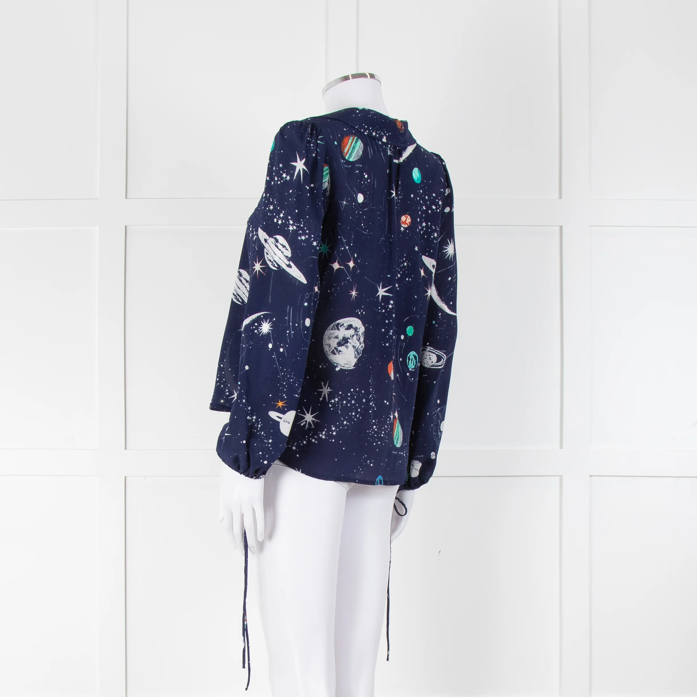 Rixo Blue Cosmos Print Long Sleeve Silk Blouse - Image 6