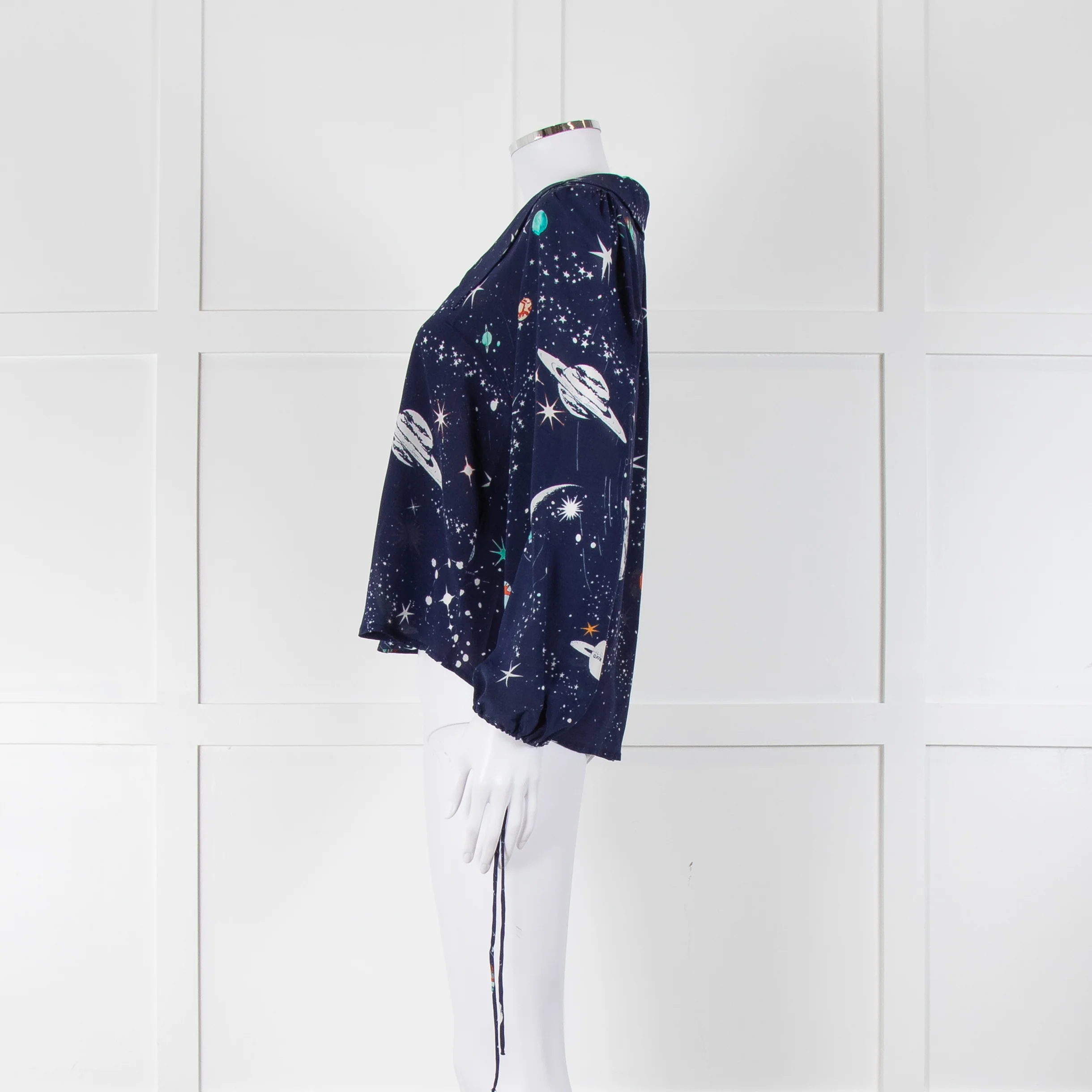 Rixo Blue Cosmos Print Long Sleeve Silk Blouse - Image 7
