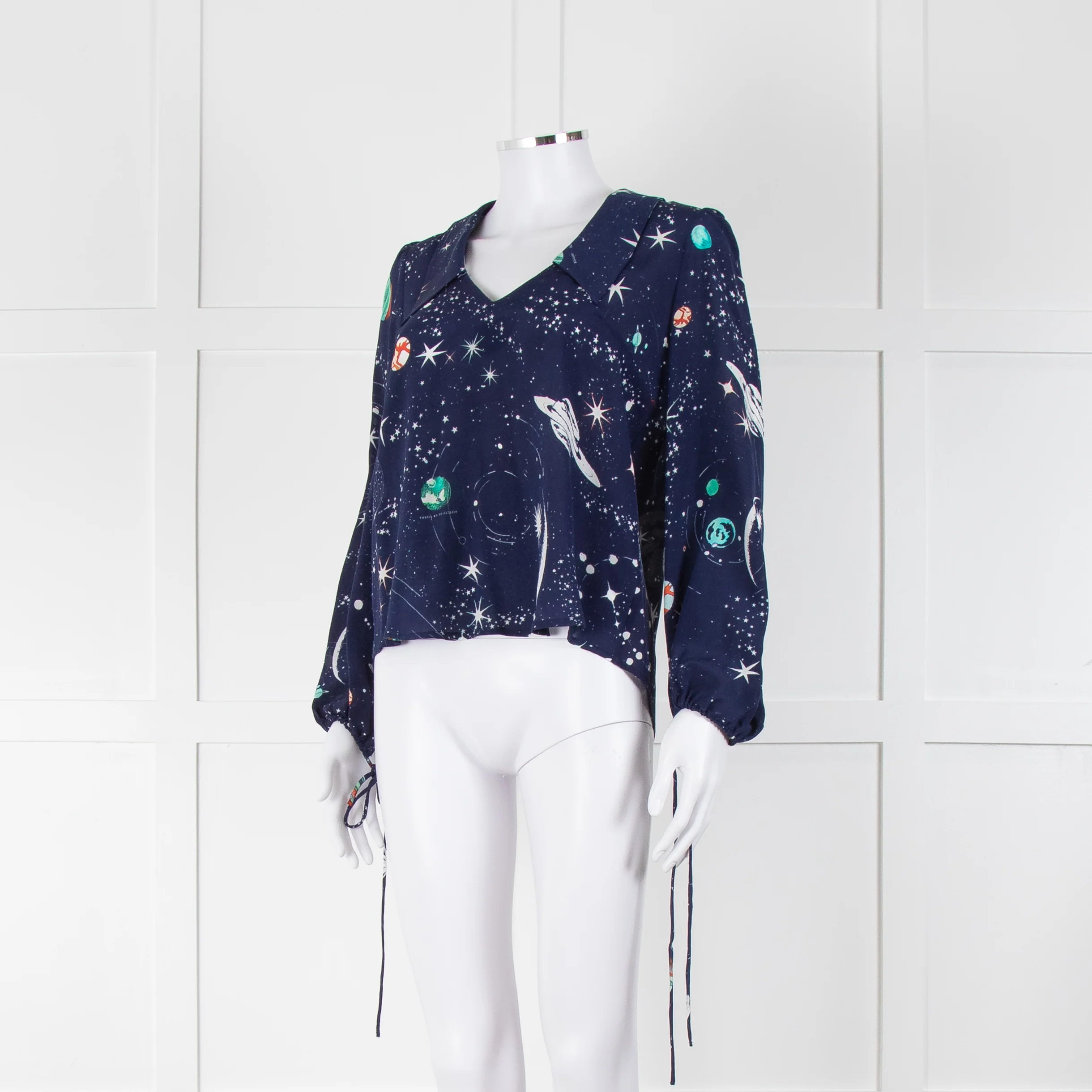 Rixo Blue Cosmos Print Long Sleeve Silk Blouse - Image 8