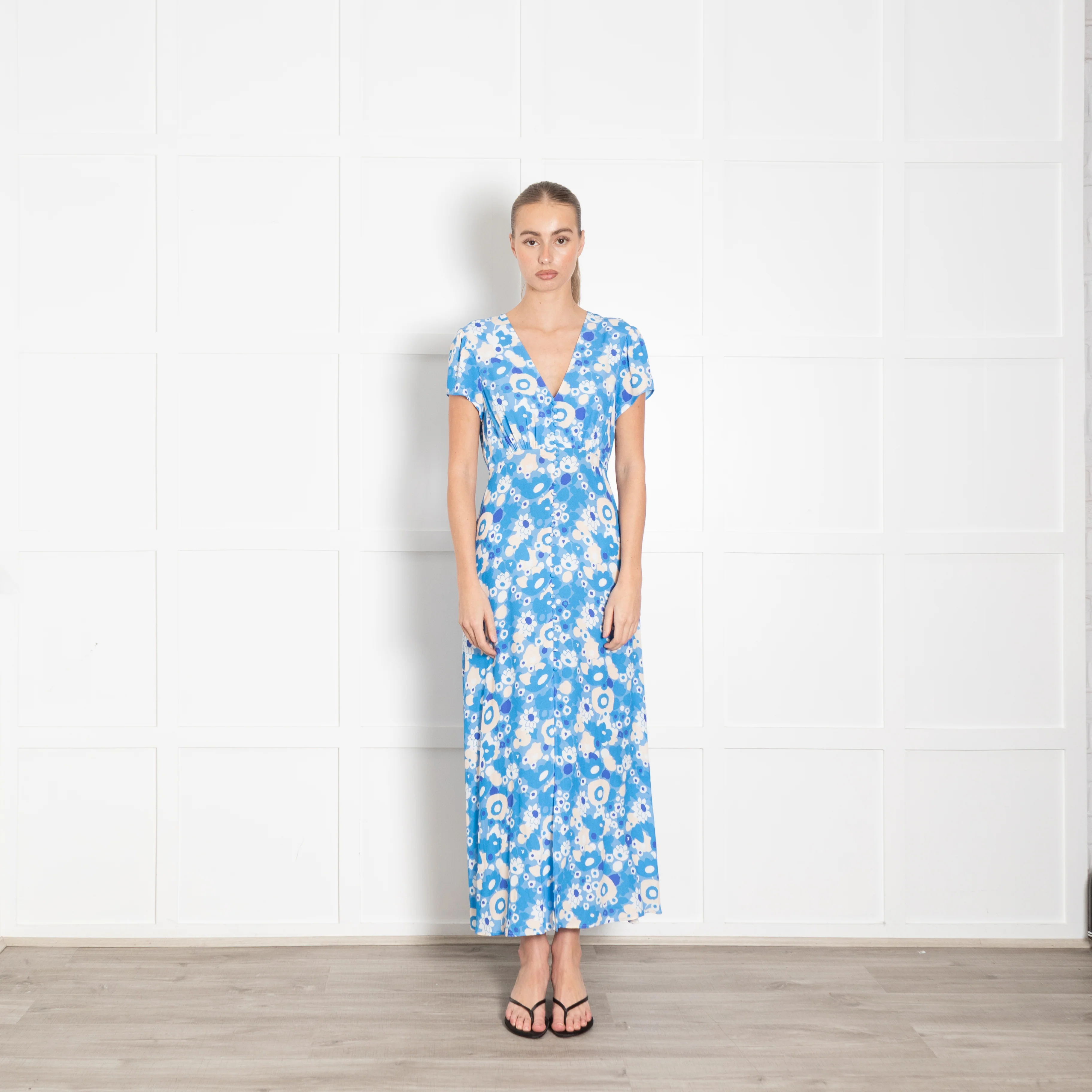 Rixo Blue Floral Aspen Button Up Tea Dress