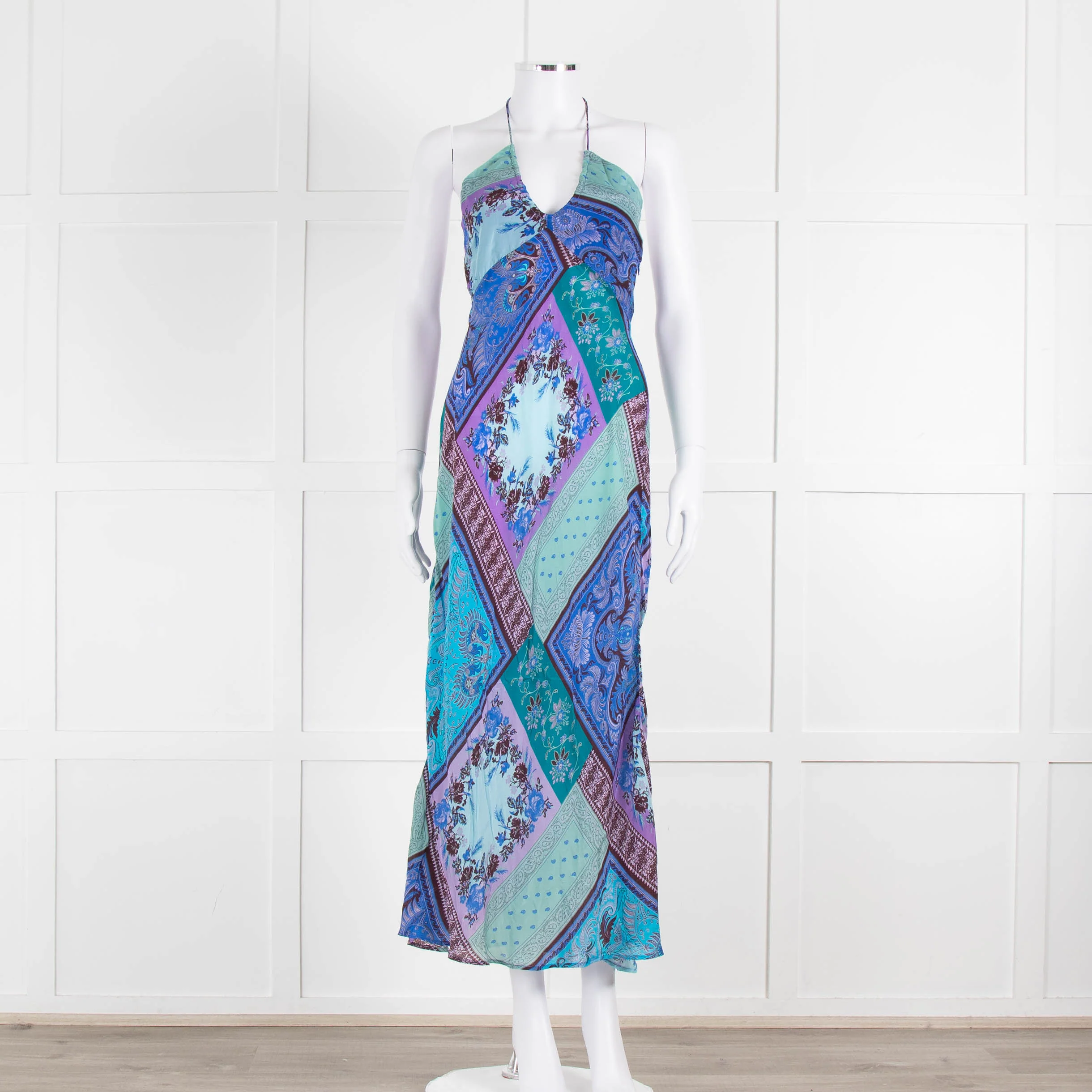 Rixo Blue Halterneck Patchwork Floral Tie Back Dress