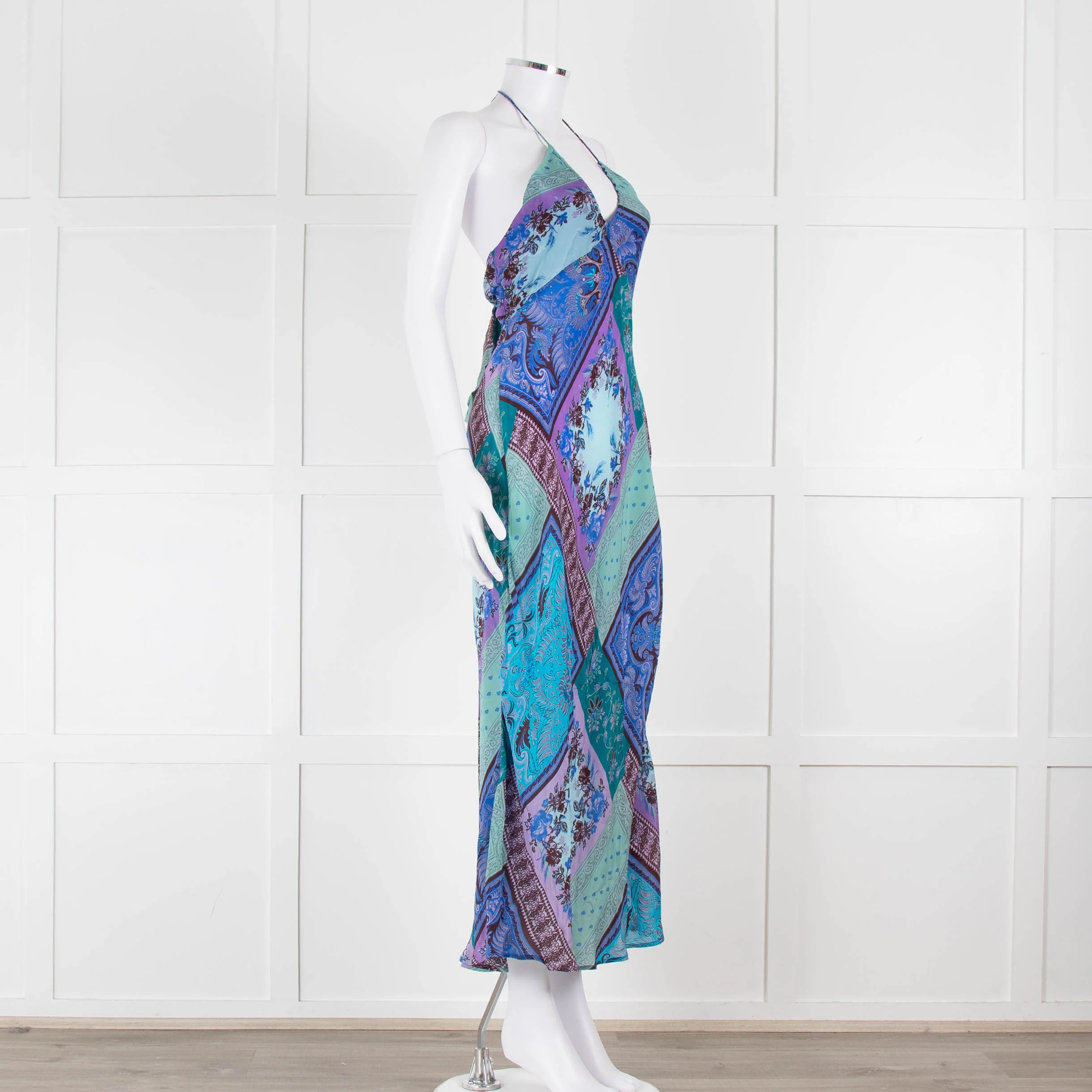 Rixo Blue Halterneck Patchwork Floral Tie Back Dress - Image 2
