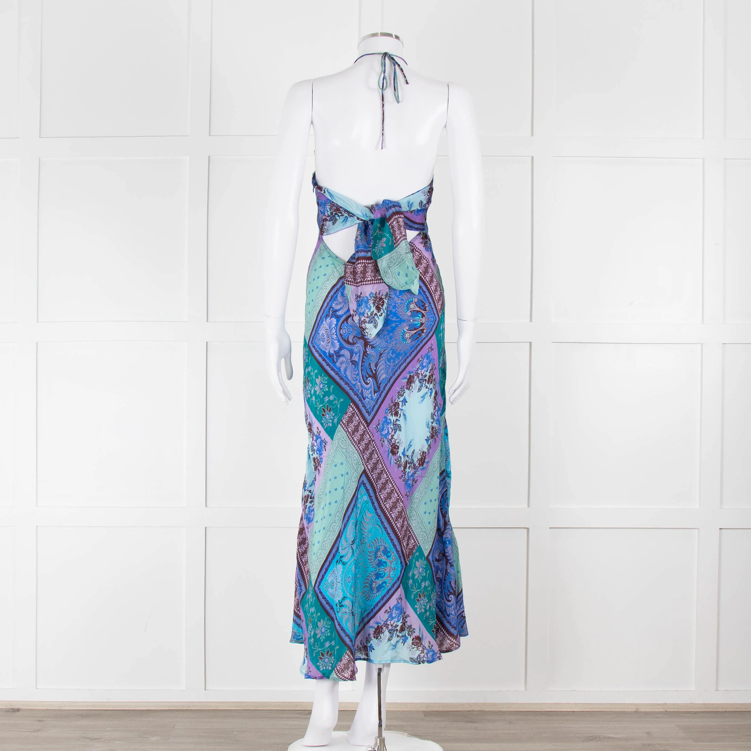 Rixo Blue Halterneck Patchwork Floral Tie Back Dress - Image 5