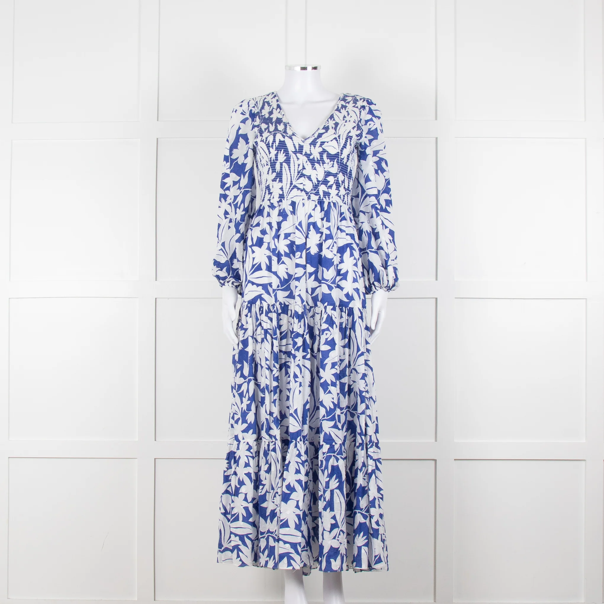 Rixo Blue White Floral Print Tiered Maxi Dress - Image 5
