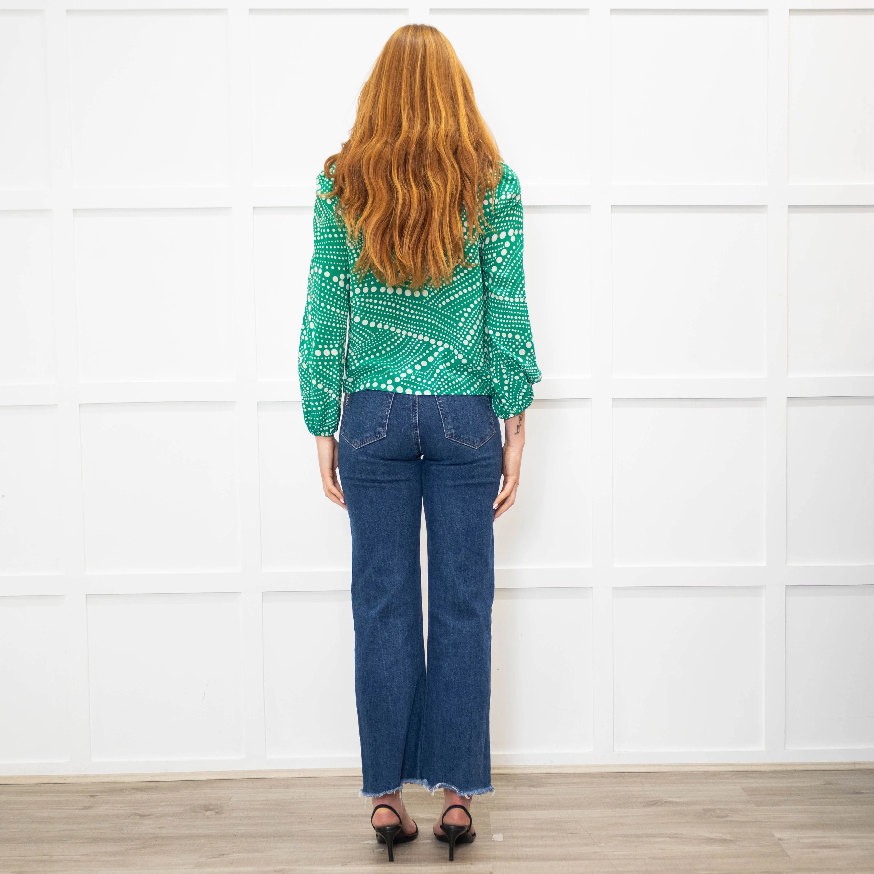 Rixo Green Cream Spot Print Neck Tie Top - Image 5