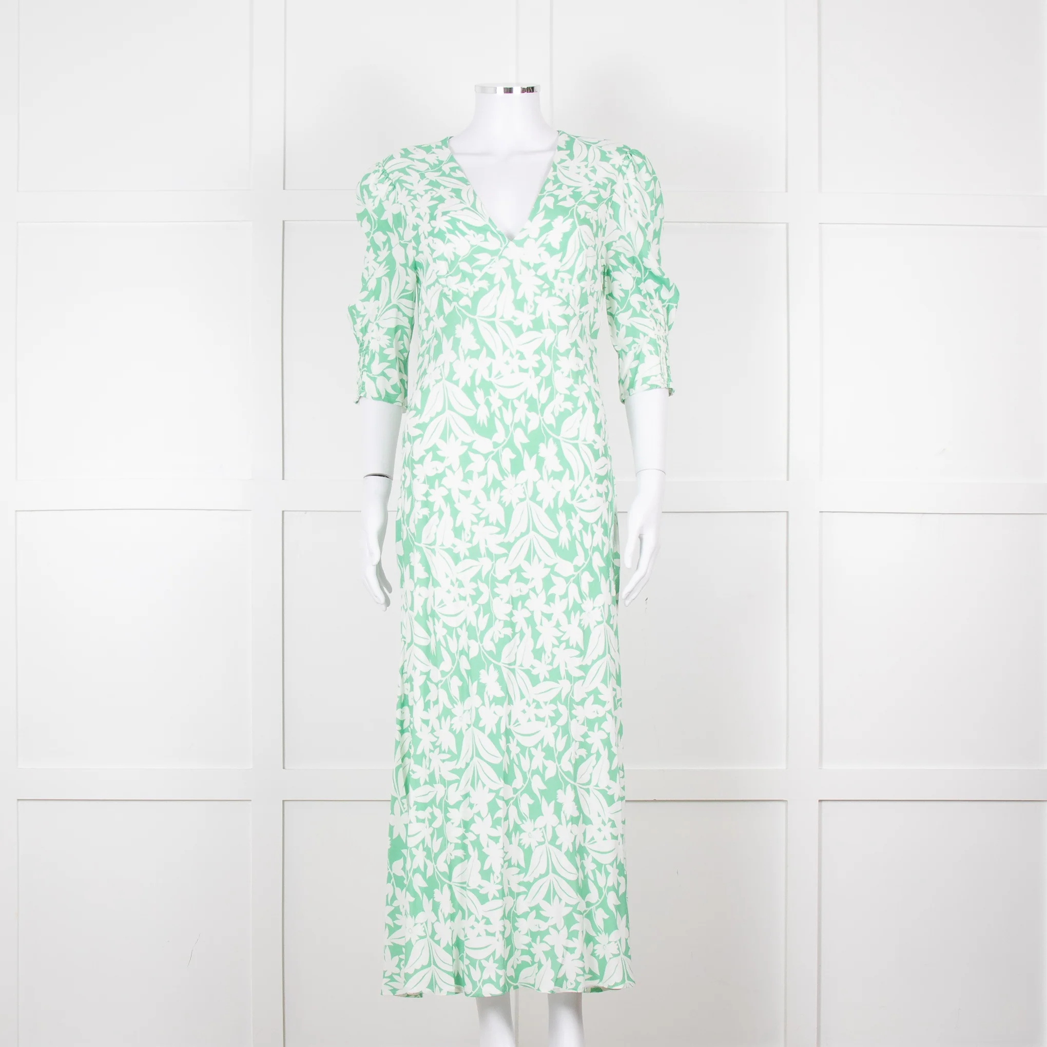 Rixo Green White Floral Print Short Sleeve Maxi Dress